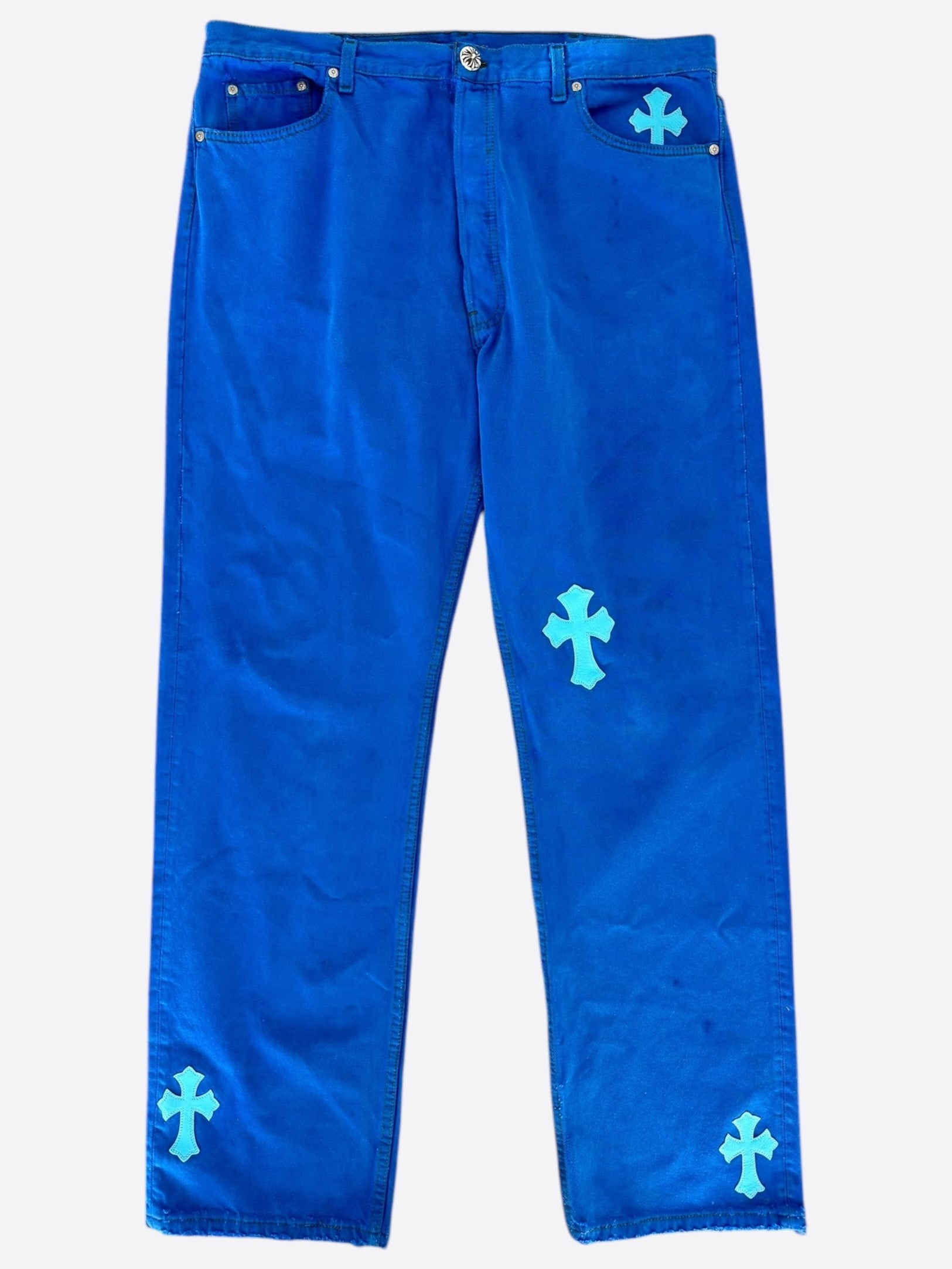 Chrome Hearts x Levi's London Exclusive Blue Dyed Cross Patch Denim Jeans for Men - Stylish Vintage Designer Pants for Casual Wear & Street Fashion