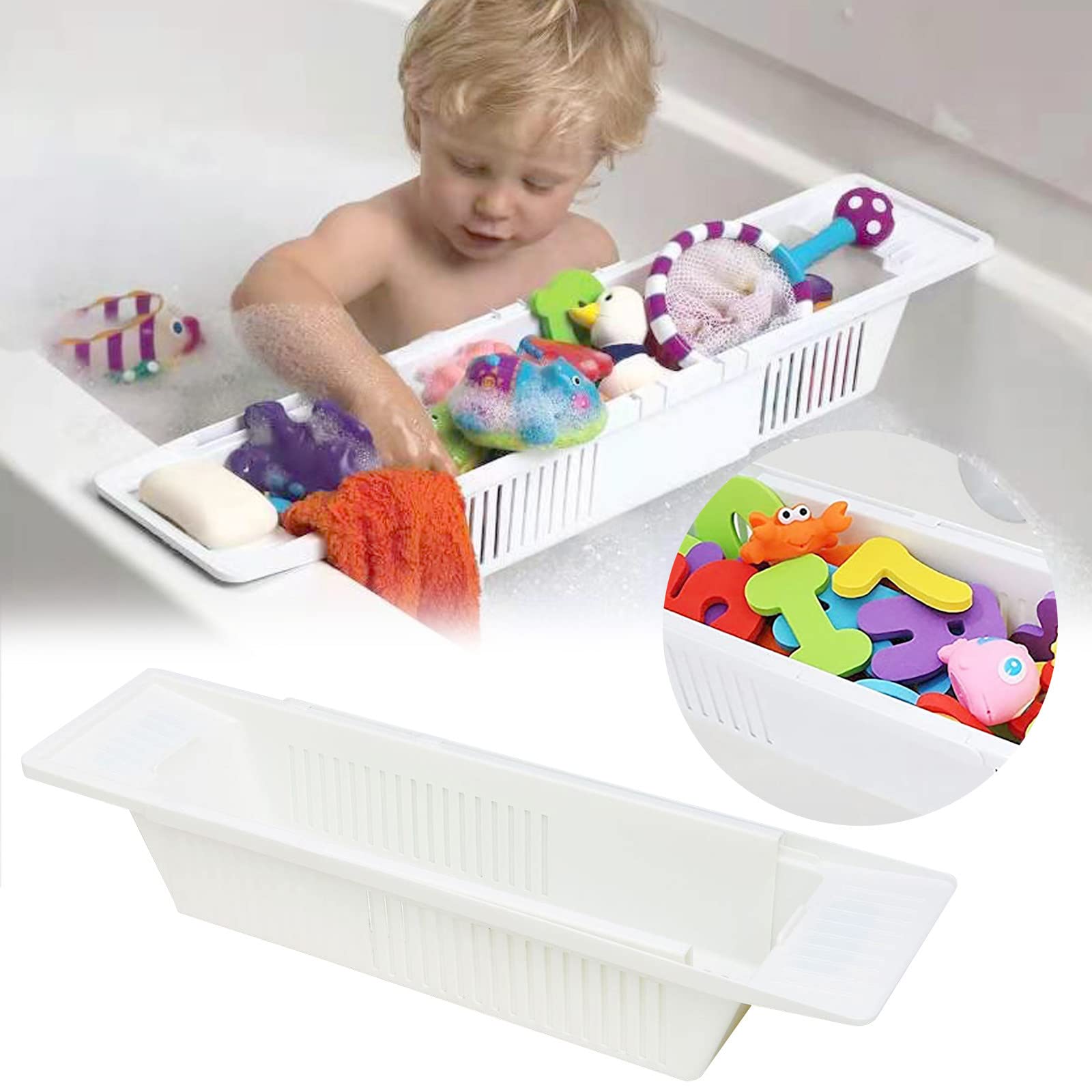 Retractable Bathtub Tray & Bath Toy Organizer - White Storage Basket for Kids Toys, Bathroom Accessories & Home Organization | Perfect for Bath Time, Book Reading & Candle Display