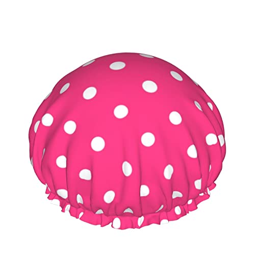 Waterproof Reusable Shower Cap for Women & Girls - Pink Polka Dot Design with Double Layers & Elastic Band - Perfect for Curly & Long Hair Care - Ideal for Bathing, Spa, Travel & Hair Protection