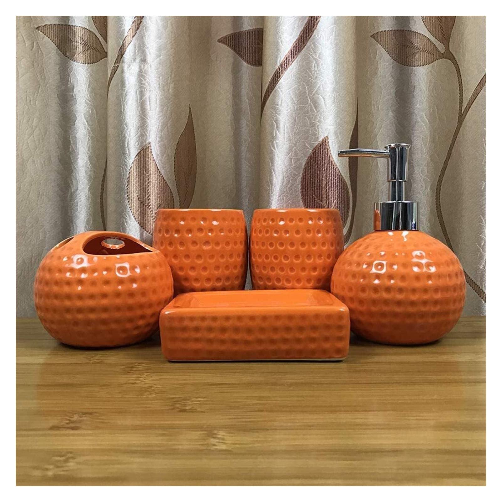 Ceramic Bathroom Soap Dispenser Set - 5-Piece Bathroom Accessory Kit with Toothbrush Holder, Soap Dish & Dispenser - Elegant Orange Color for Modern Bathrooms, Powder Rooms & Guest Suites