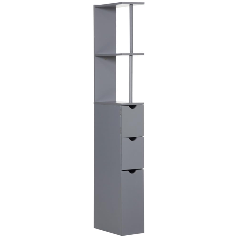 Tall Bathroom Storage Cabinet - Freestanding Linen Storage Tower with 2 Open Shelves, 1 Cabinet & 2 Drawers - Anti-Tipping Design - Grey - Perfect for Small Bathrooms, Bedrooms or Laundry Room Organization