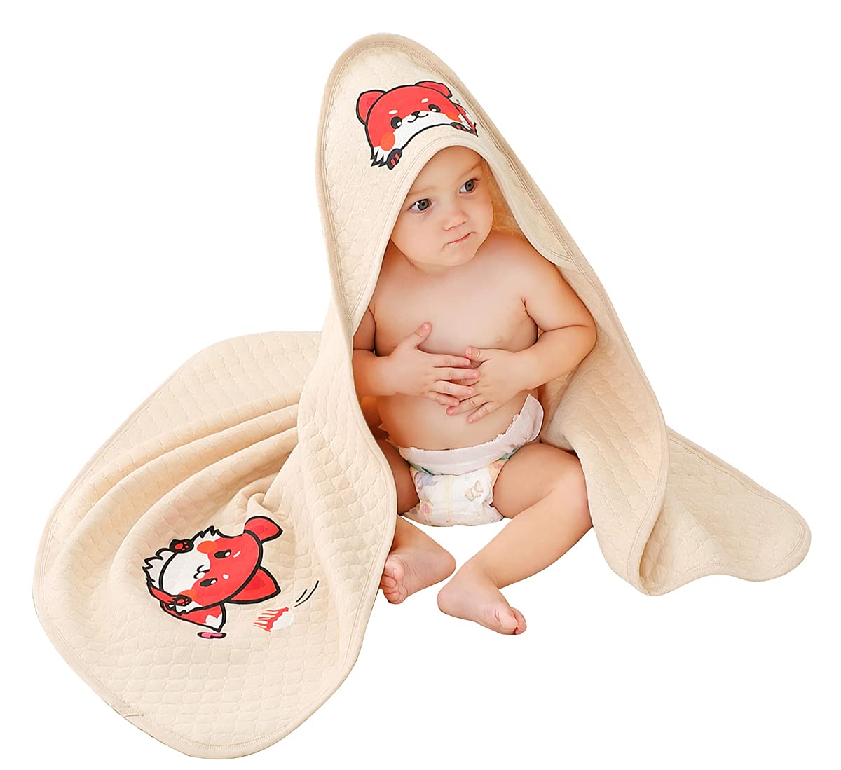 Organic Cotton Fox Print Hooded Baby Blanket - Unisex Newborn Wearable Blanket & Sleep Sack for Boys & Girls - Soft Nursery Essential for Swaddling, Napping & On-the-Go Comfort (Fox Design)