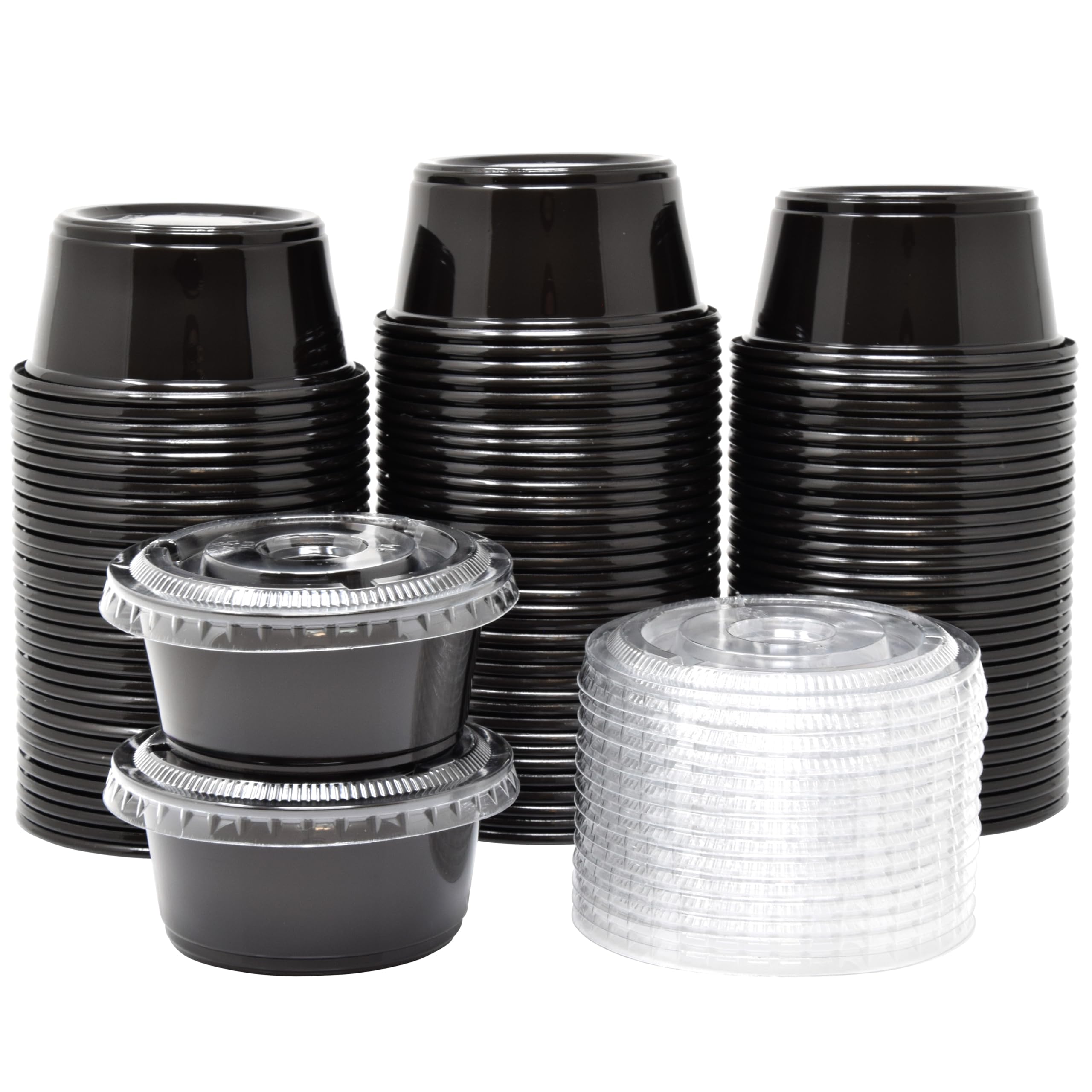 100 Sets - 3.25 oz Black Plastic Jello Shot Cups with Lids | Small Disposable Portion Containers for Sauces, Condiments, Salad Dressings | Perfect for Parties, Catering & Takeout Meals | BPA-Free Food Storage Cups