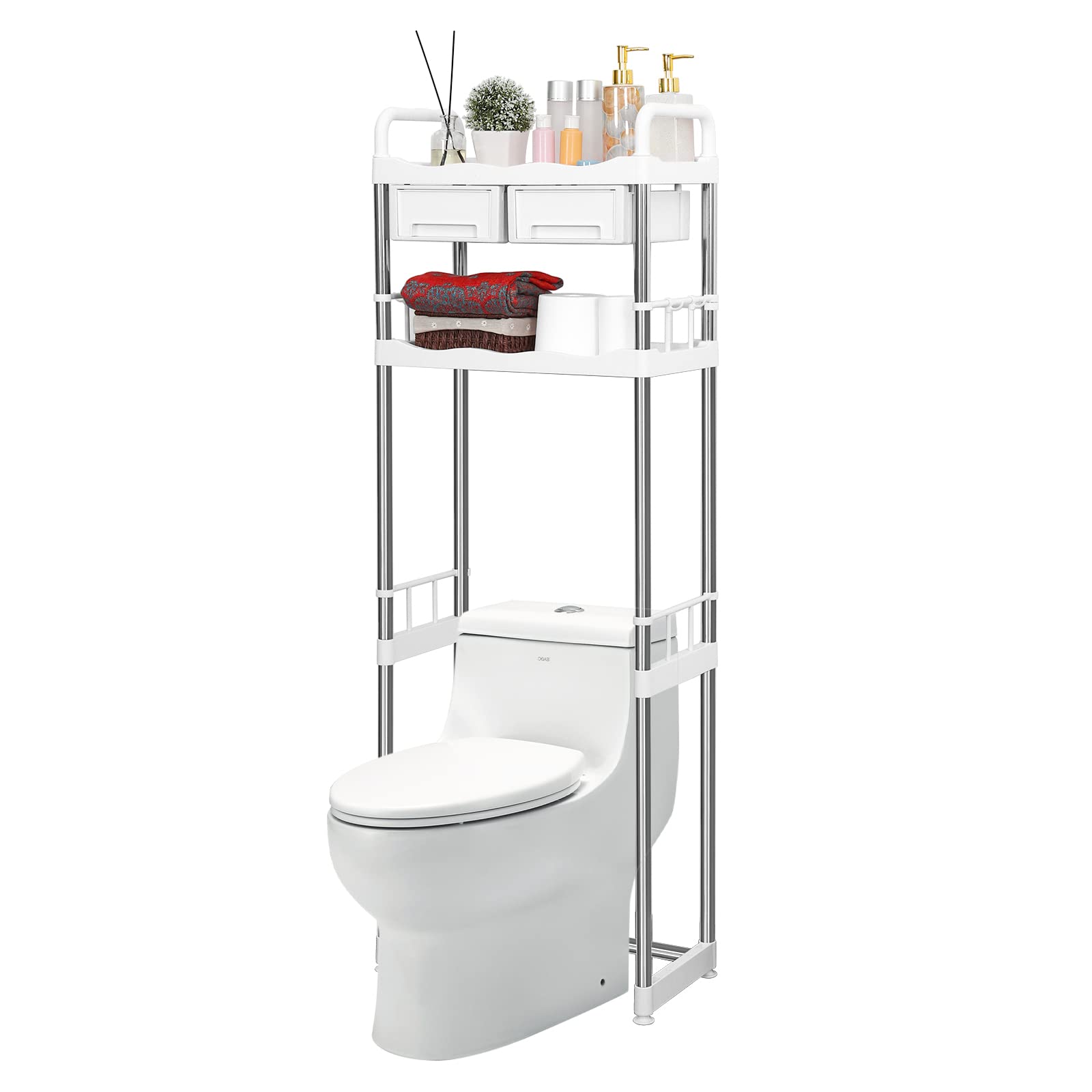 Majade 2-Tier Over Toilet Shelf with Drawers & Hooks - Space Saving Bathroom Storage for Small Spaces