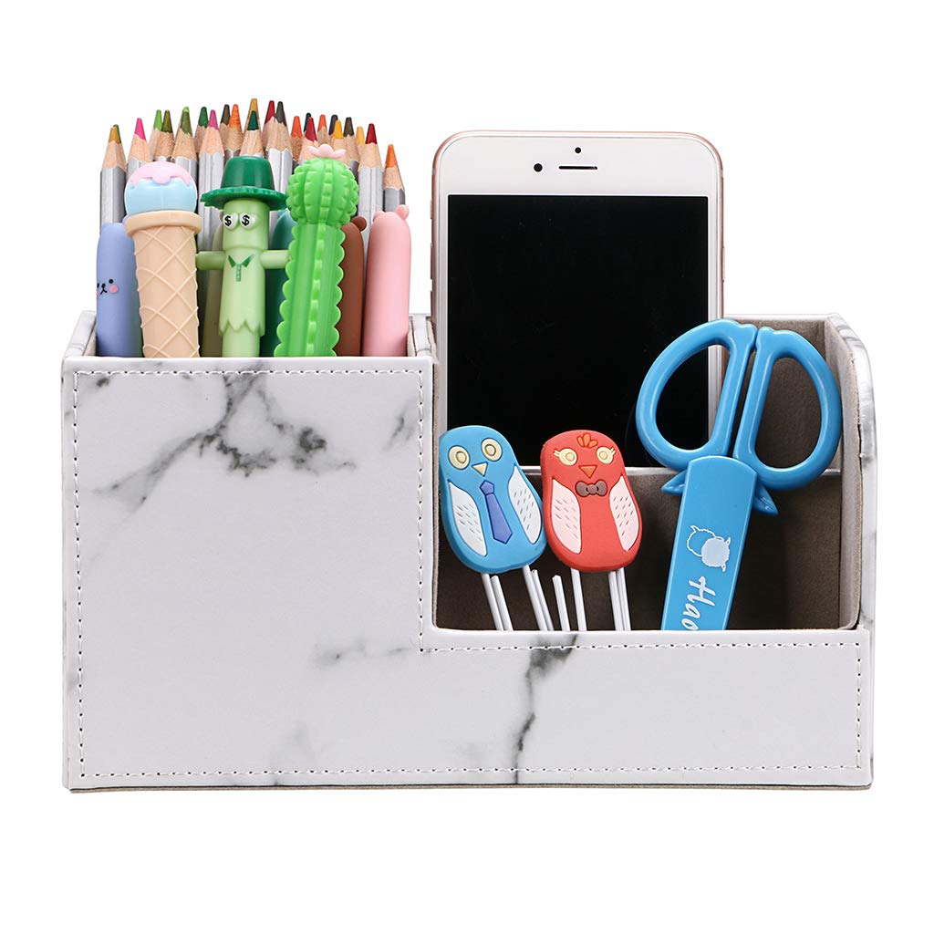 BTSKY PU Leather Desk Organizer - Multi-Functional Pen Pencil Holder, Business Card & Phone Storage, Remote Control Stationery Box for Home Office Table Top Decor (Marble White) | Perfect for Workspace Organization & Desktop Accessories