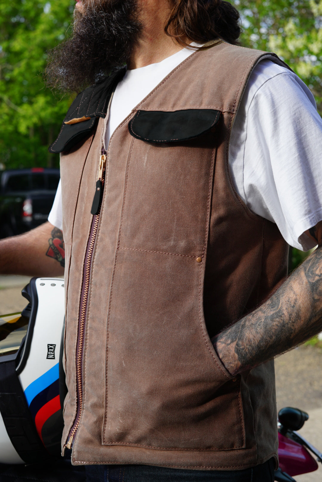 LIMITED EDITION VEST - Brush Brass Canvas & Black Leather Jacket for Men | Preorder Now | Perfect for Outdoor Adventures & Casual Wear