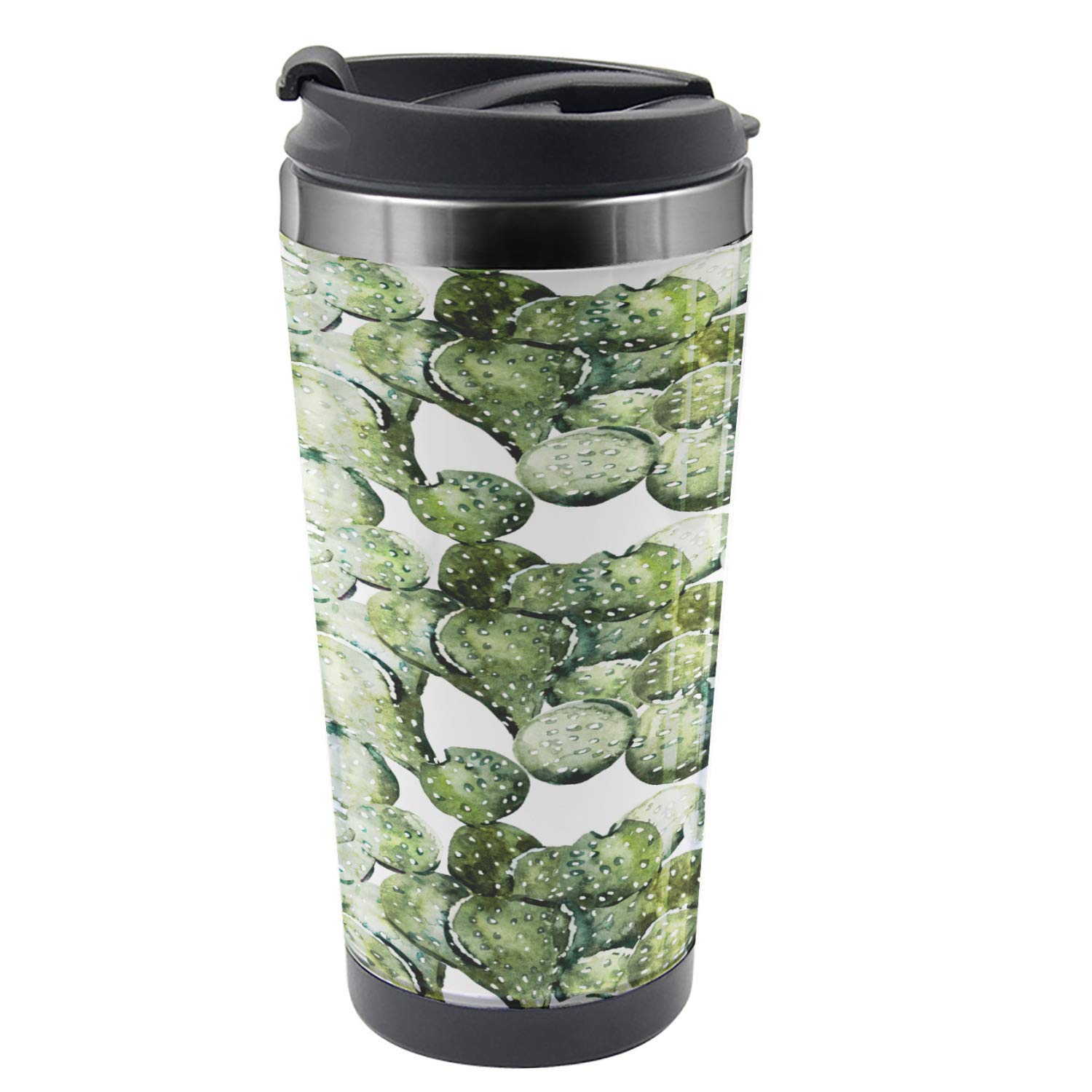 Ambesonne 16 oz Stainless Steel Travel Mug with Cactus Watercolor Design - Insulated Thermal Cup for Hot & Cold Drinks - Perfect for Commuting, Camping, and Office Use (Green & White Opuntia Plant Pattern)