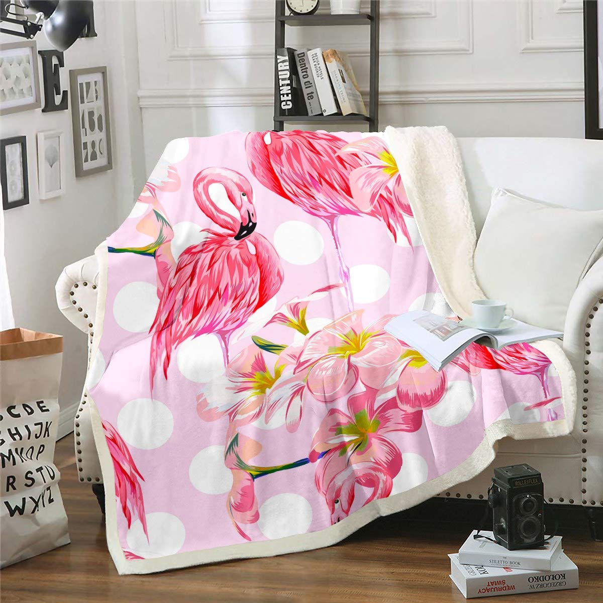 **Pink Flamingo Sherpa Fleece Throw Blanket - Soft Plush Warm Blanket for Girls, Kids, Sofa & Couch - Tropical Floral Animal Bird Pattern with Polka Dots - King Size 87