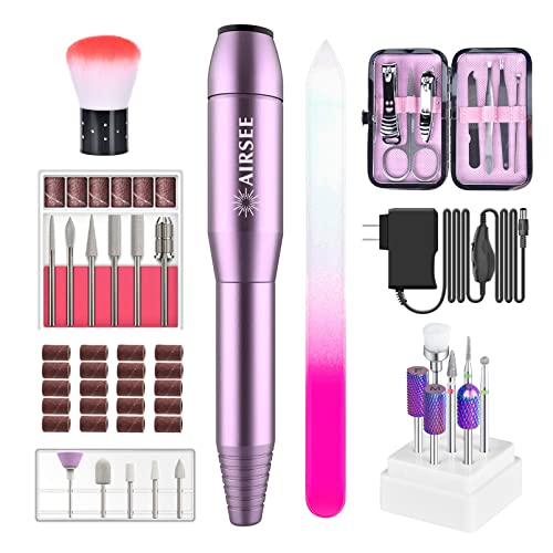 Professional AIRSEE Portable Electric Nail Drill Kit - Purple Efile Machine with 7pc Tungsten Carbide Bits (3/32