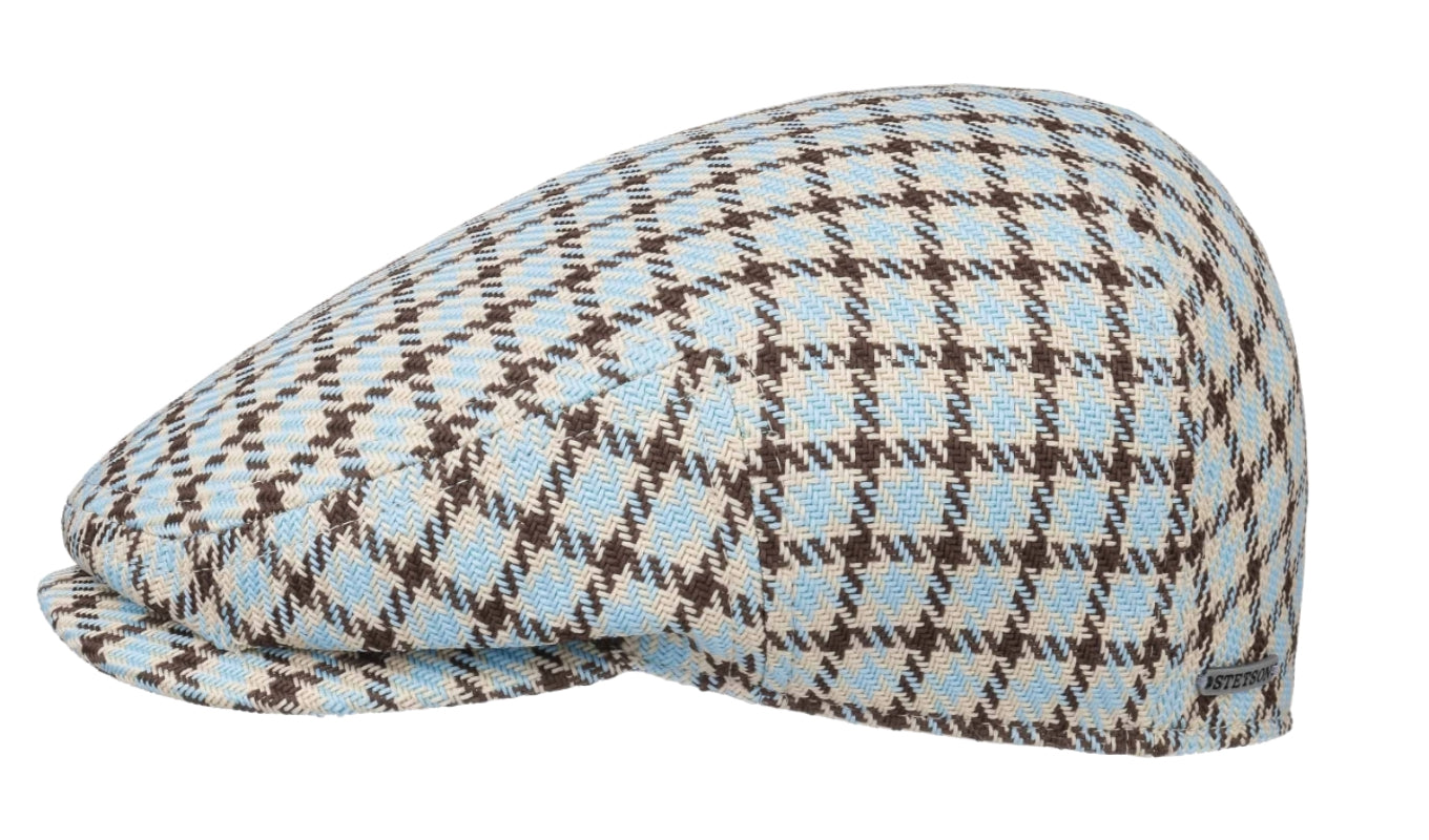 Stetson Kent Cotton Blend Light Blue Check Flat Cap - Classic Driver Style Hat for Men - Perfect for Casual Wear, Golf, and Outdoor Activities
