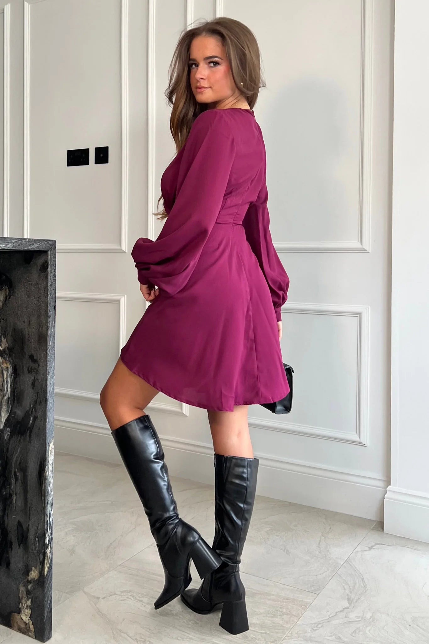 Floretta Long Sleeve Buckle Skater Dress for Women - Stretchy A-Line Swing Dress in Berry Red - Perfect for Casual Wear, Date Nights & Office Outfits