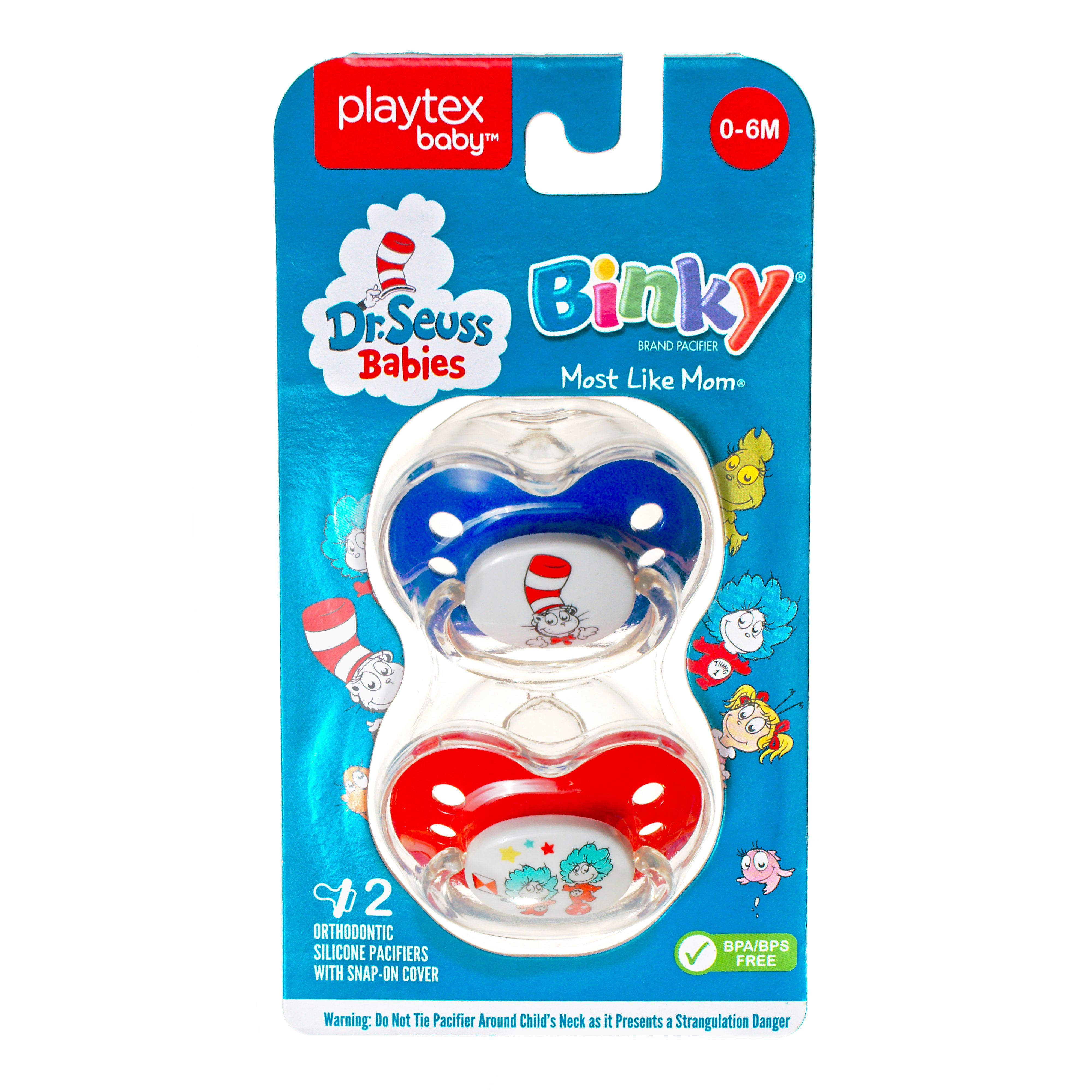 Playtex Baby Binky Pacifier 2-Pack - Dr. Seuss Edition for Newborns 0-6 Months | Orthodontic Nipple, BPA-Free | Perfect for Soothing & Sleep Time