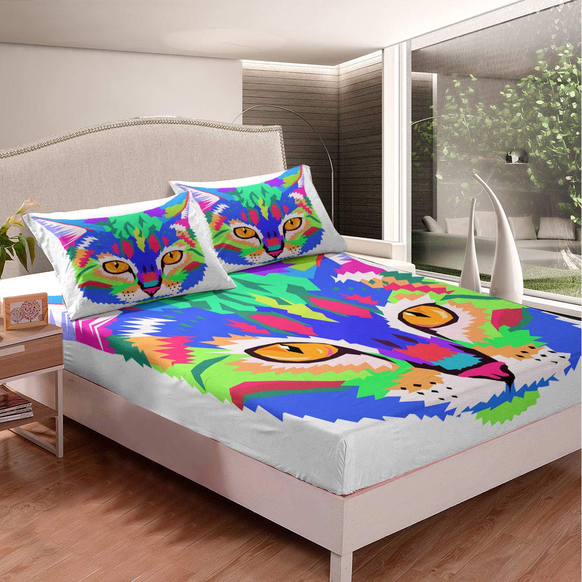 Queen Size White Microfiber Duvet Cover Set with Playful Cat Head Print - 3 Piece Bedding (Fitted Sheet + 2 Pillowcases) for Kids, Teens & Pet Lovers - Soft & Durable for Bedrooms, Dorms & Sleepovers