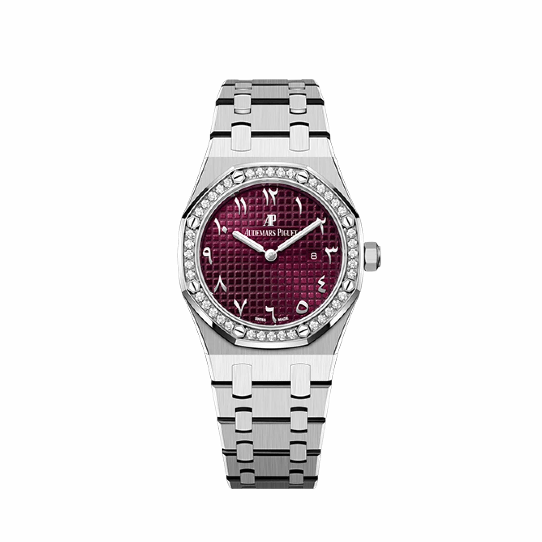 Audemars Piguet Royal Oak Quartz 67651BC.ZZ.1261BC.01 Ladies Luxury Watch - 18K White Gold, Burgundy Dial, Diamond Bezel, Special Edition | Perfect for Women's Formal Events, Gala Dinners & Luxury Collections