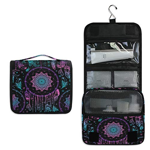 Linomo Hanging Travel Toiletry Bag for Women & Men - Large Boho Dream Catcher Cosmetic Makeup Organizer with Hook | Perfect for Vacation, Camping & Gym Essentials Storage