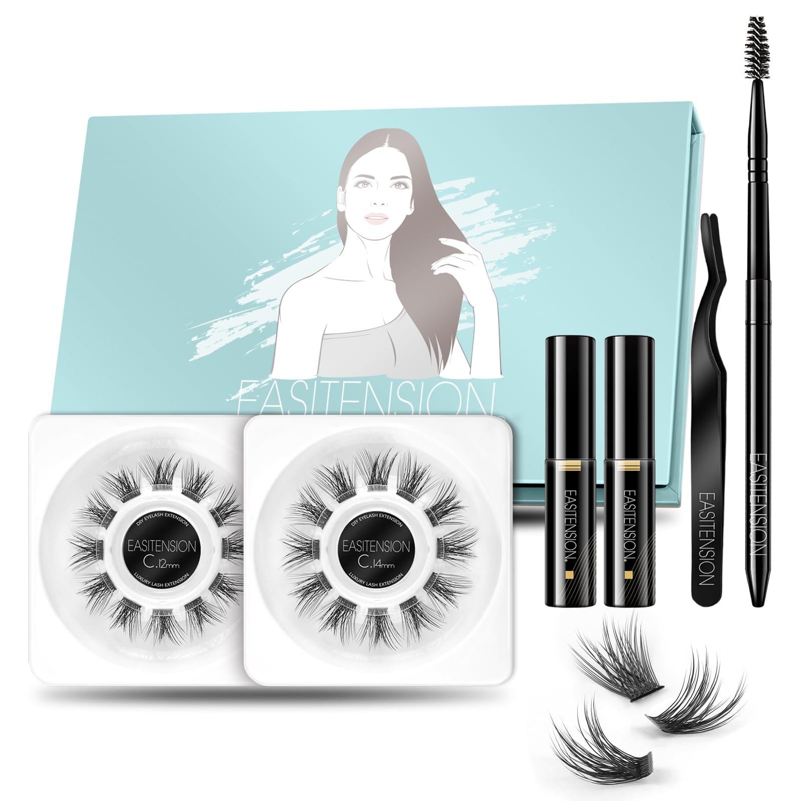DIY Eyelash Extension Kit - EASITENSION Individual Bounded Glue Lash Clusters for 3D Volume Effect | C Curl Lashes 12mm & 14mm | Home & Professional Use | Perfect for Parties, Weddings & Special Occasions