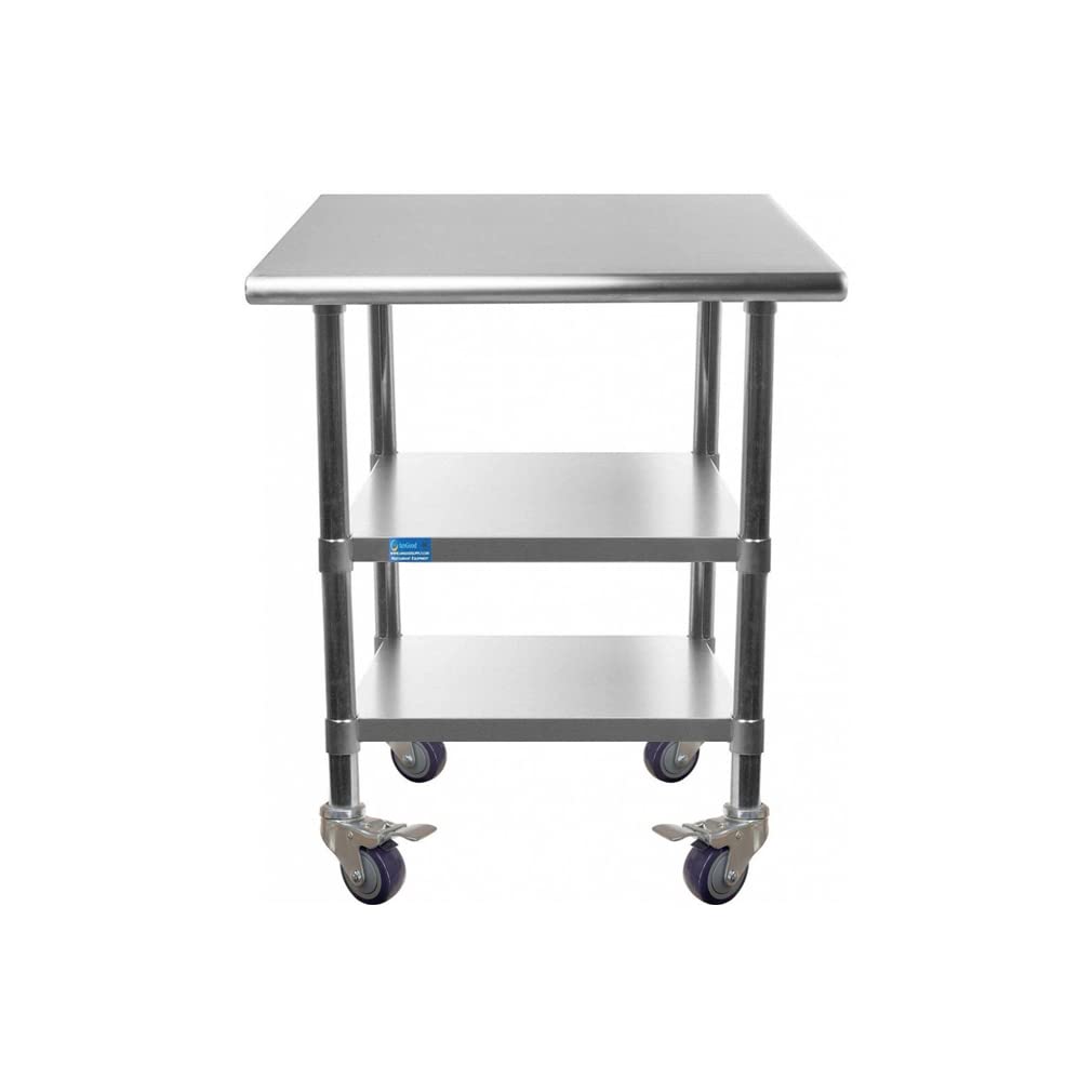 AmGood Stainless Steel Work Table with 2 Shelves & Wheels | Heavy Duty Metal Utility Table for Kitchen, Garage, Workshop (24