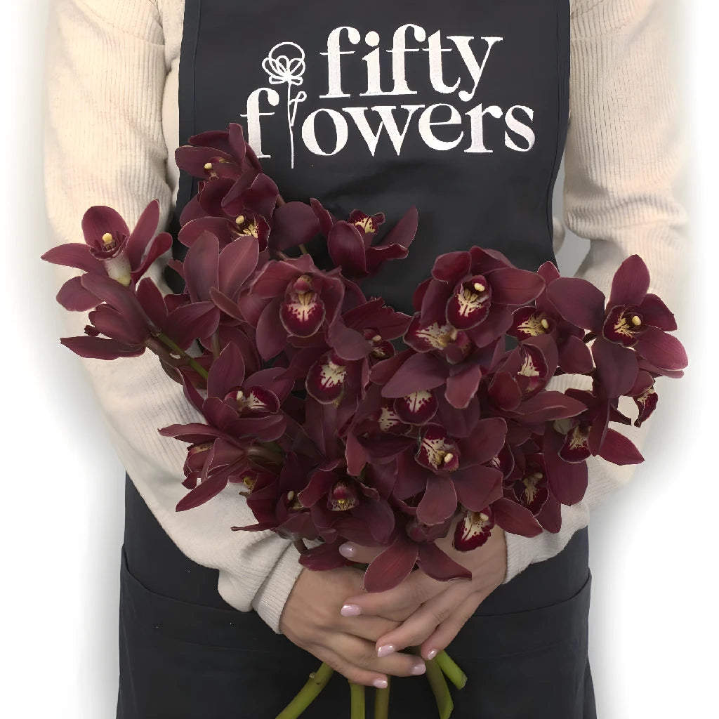 Blushing Burgundy Mini Cymbidium Orchids - Elegant Artificial Flowers for Home Decor, Wedding Centerpieces & Office Desk Arrangements