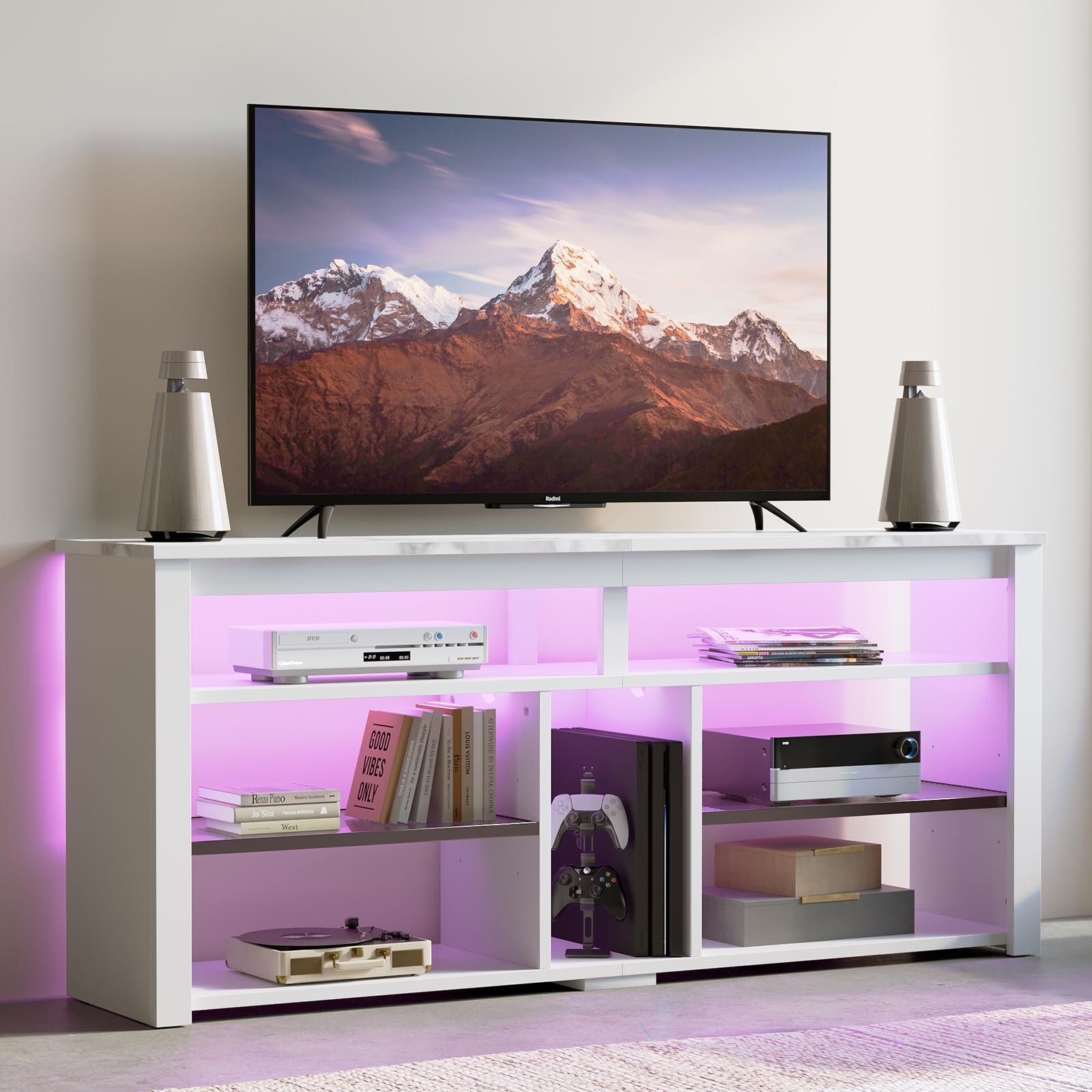 Bestier 55 inch LED TV Stand with Storage - Entertainment Center for PS4, Xbox, 60/65 inch TVs - Adjustable Shelf Media Console - White Marble TV Cabinet for Living Room, Bedroom & Game Room