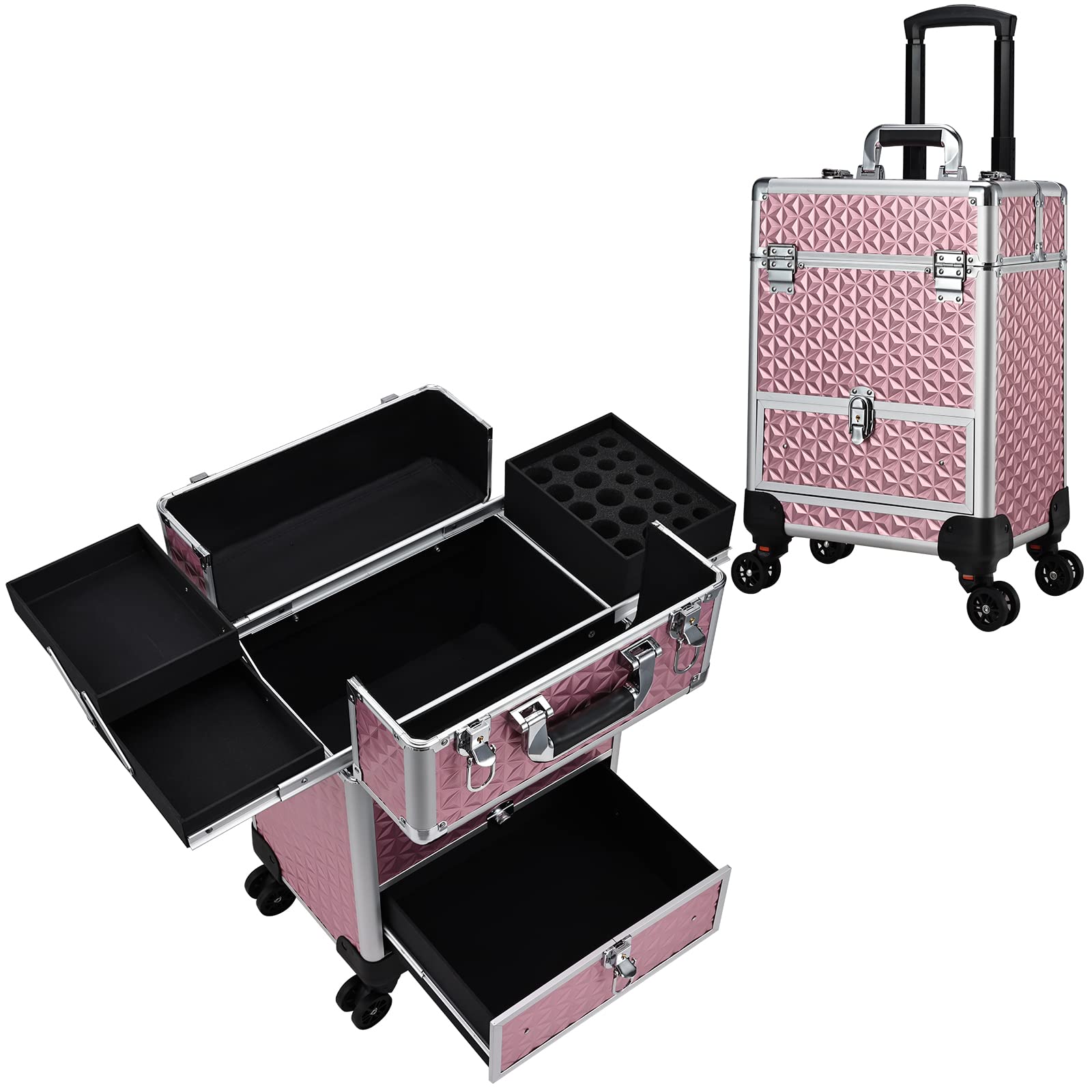 Professional Rolling Makeup Train Case with Large Storage & Swivel Wheels - Pink Cosmetic Trolley for Travel, Beauty Salon & Tattoo Artists | Ideal for Makeup Artists, Nail Technicians & Mobile Professionals