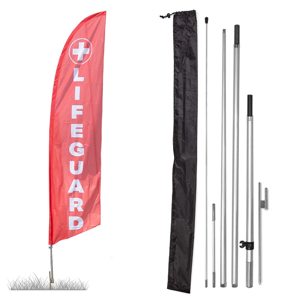 Vispronet Premium Lifeguard Feather Flag Kit - 13ft Aviation Grade Fiberglass Poles with Lifeguard Flag, Ground Spike & Carry Bag | Perfect for Beaches, Pools & Water Safety Awareness Events