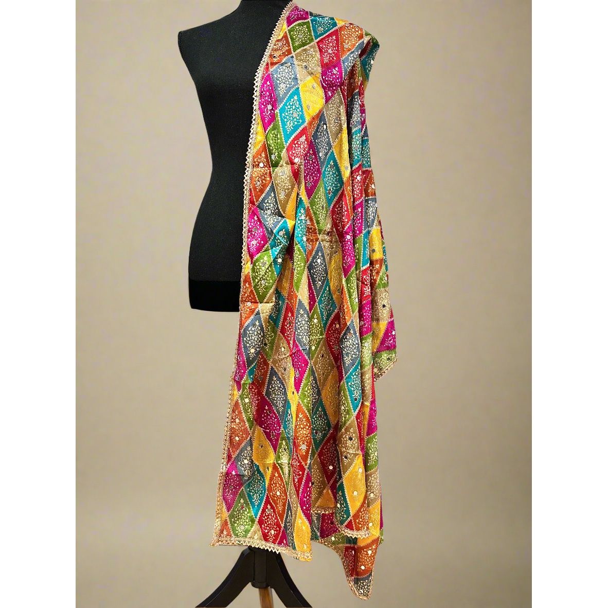Phulkari Style Dupatta - Handmade Punjabi Embroidered Scarf for Women - Perfect for Weddings, Parties & Cultural Events