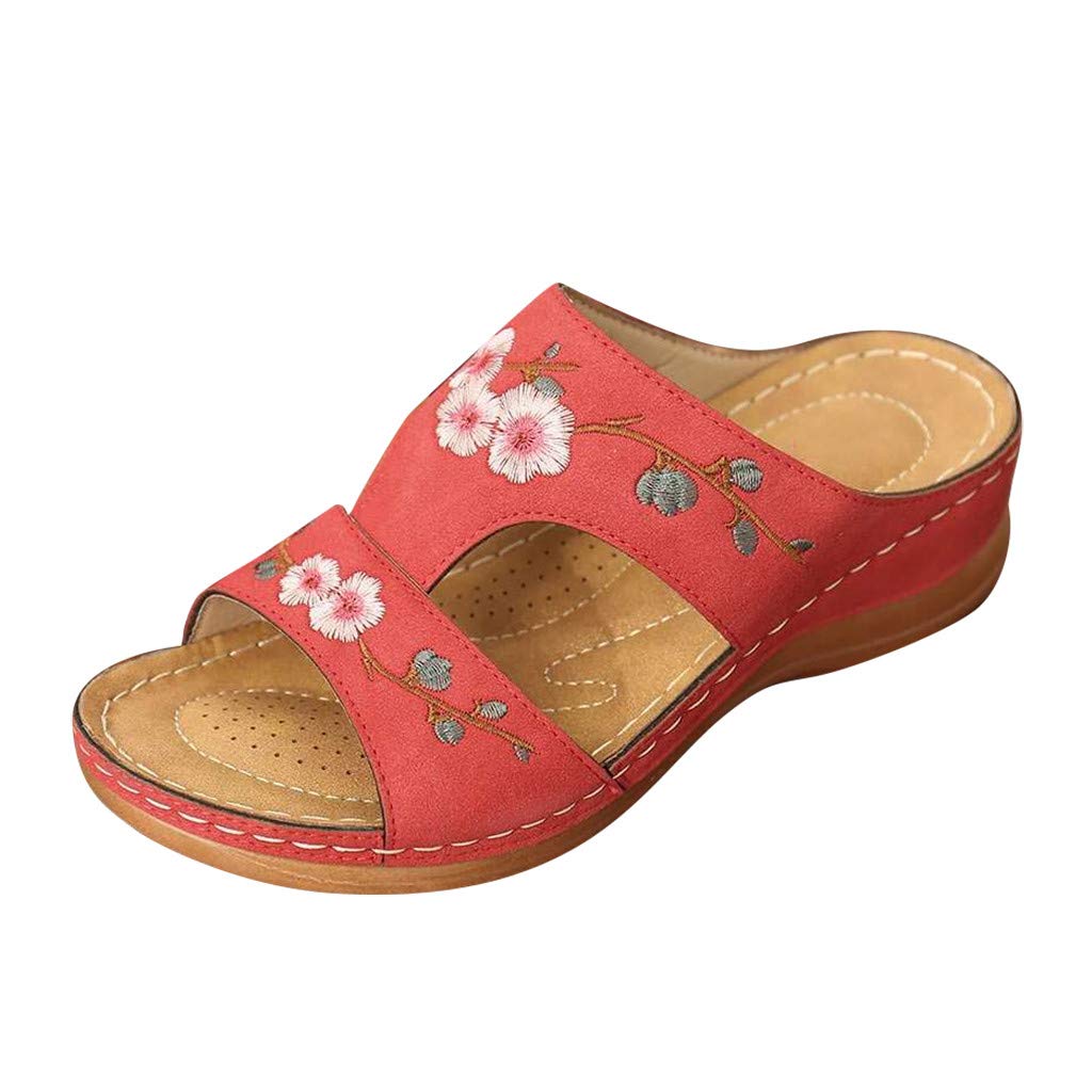 Women's Fashion Summer Sandals with Wedge Heel & Floral Embroidery - Comfortable Red Casual Shoes for Beach, Party, and Daily Wear (Size 9)