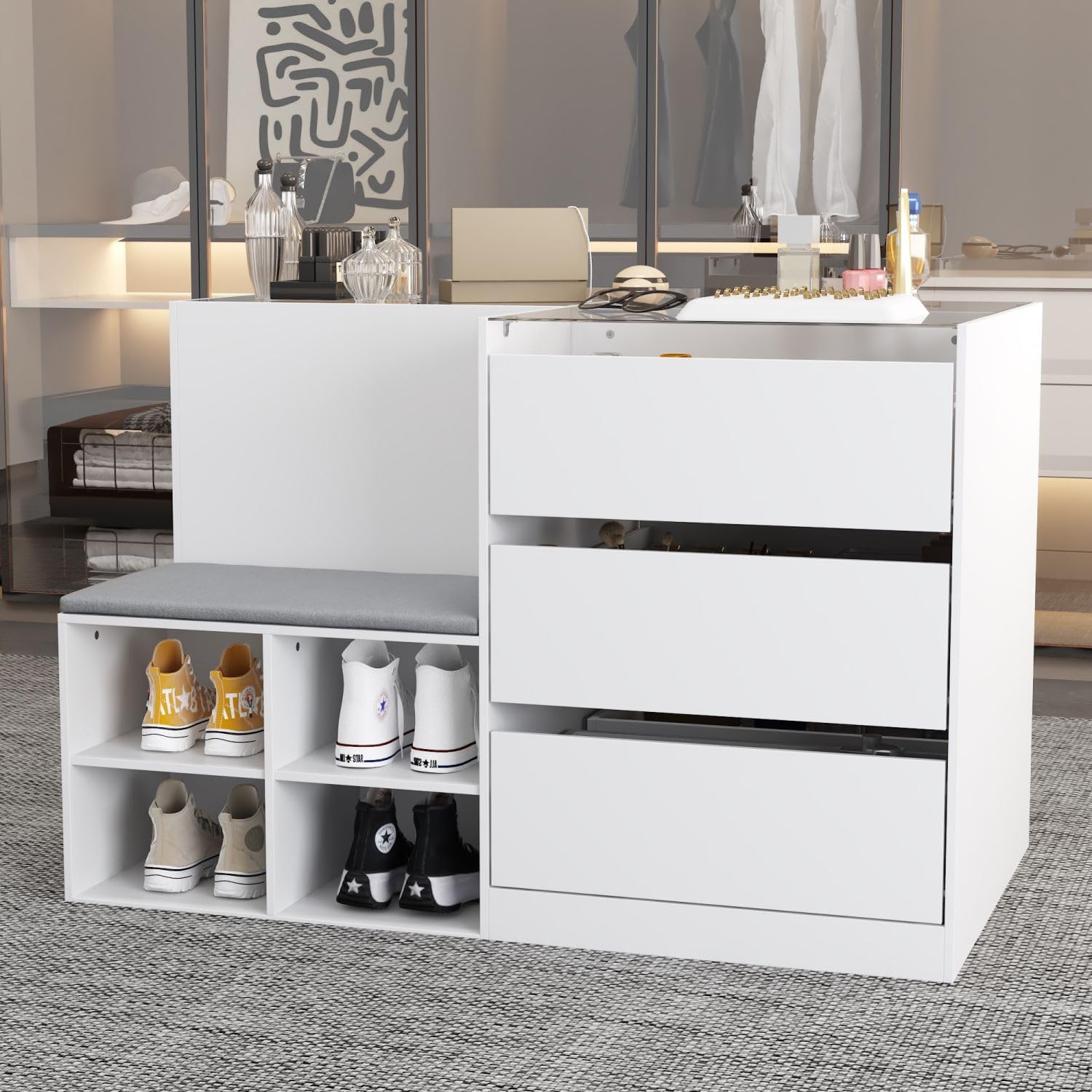 White Bedroom Island Wardrobe Closet with 9 Drawers, Glass Tabletop & Cushion Bench - 47.2”W x 27.5”D x 31.5”H - Perfect for Bedroom Organization, Cloakroom Storage & Dressing Area