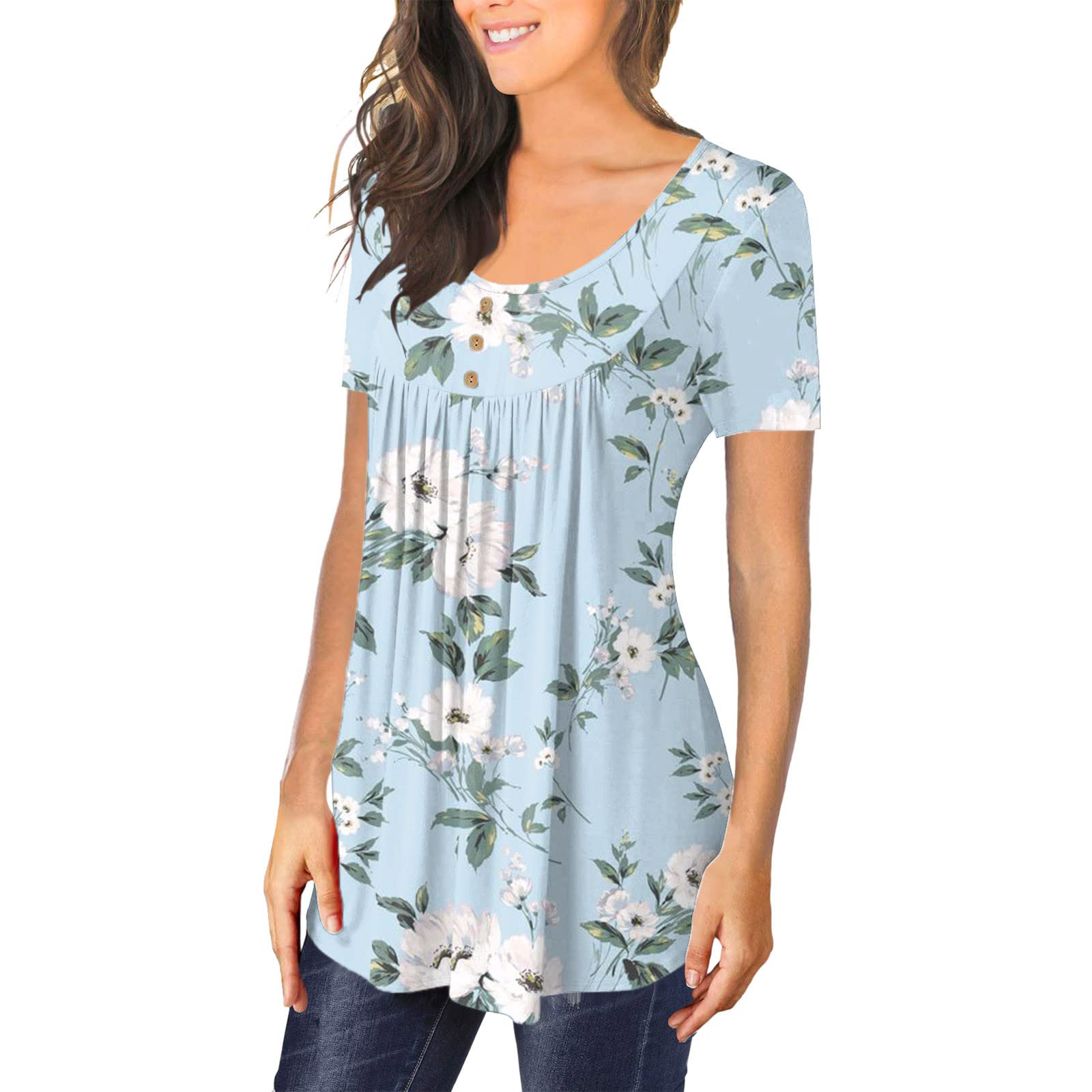 Women's Loose Fit Short Sleeve Tunic Tops - Summer Casual Button Print Tee Shirts | Trendy Flowy Blouse for Work, Vacation & Everyday Wear