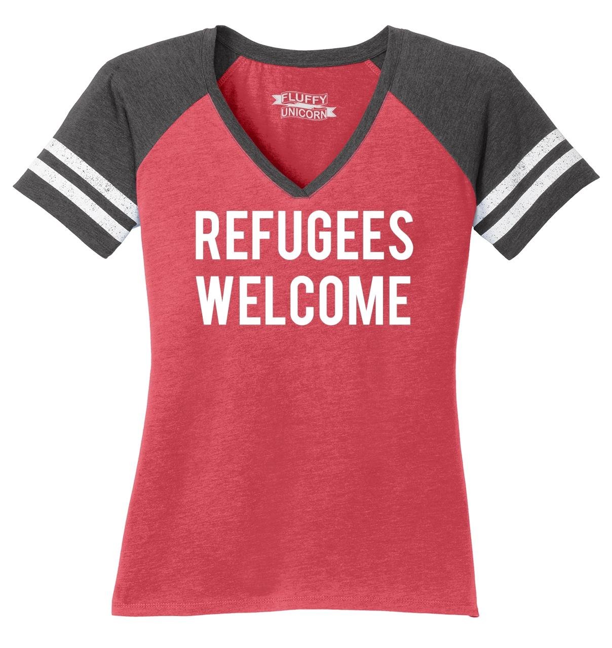 Funny Women's Refugees Welcome V-Neck T-Shirt - Anti-Trump Protest Statement Tee for Political Rallies & Social Justice Events