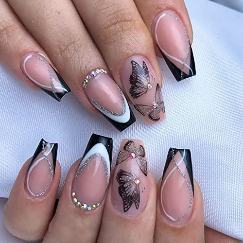 Lovamis Press On Nails Medium - 24PCS French Black Diamond Butterfly Fake Nails Set, Acrylic False Nails Coffin Shape with Rhinestones, French Tip Artificial Nails for Women | Perfect for Parties, Weddings & Special Occasions