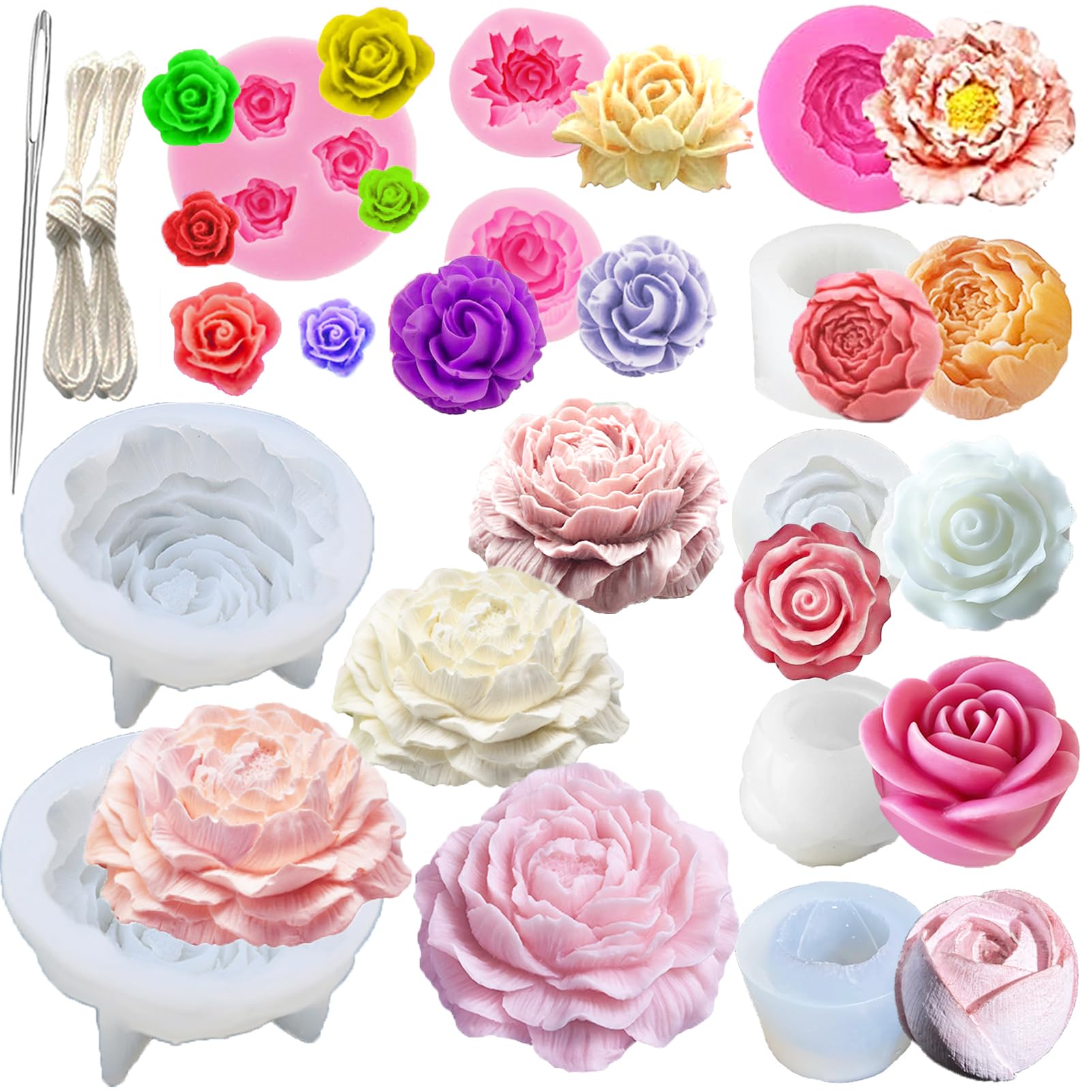 13 PCS Flower Silicone Candle Molds Set with Large-Eye Wicking Needle - DIY Candle Making Kit for Soy Wax, Beeswax, Resin & Clay - Perfect for Home Decor, Wedding Centerpieces & Handmade Gifts