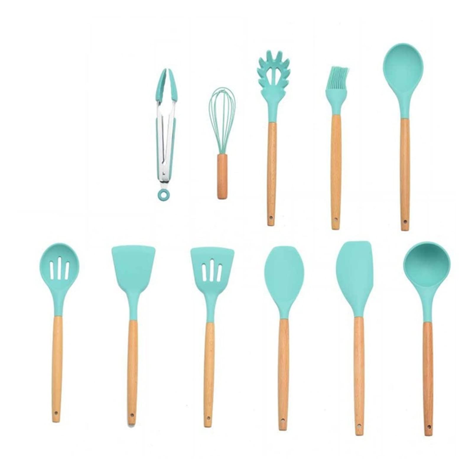 Premium 9 or 12-Piece Pink Silicone Kitchen Utensil Set with Storage Box - Includes Turner, Tongs, Spatula & Soup Spoon (Mint Green, 11-Piece) - Non-Stick Cooking Tools for Baking, Frying & Everyday Meal Prep