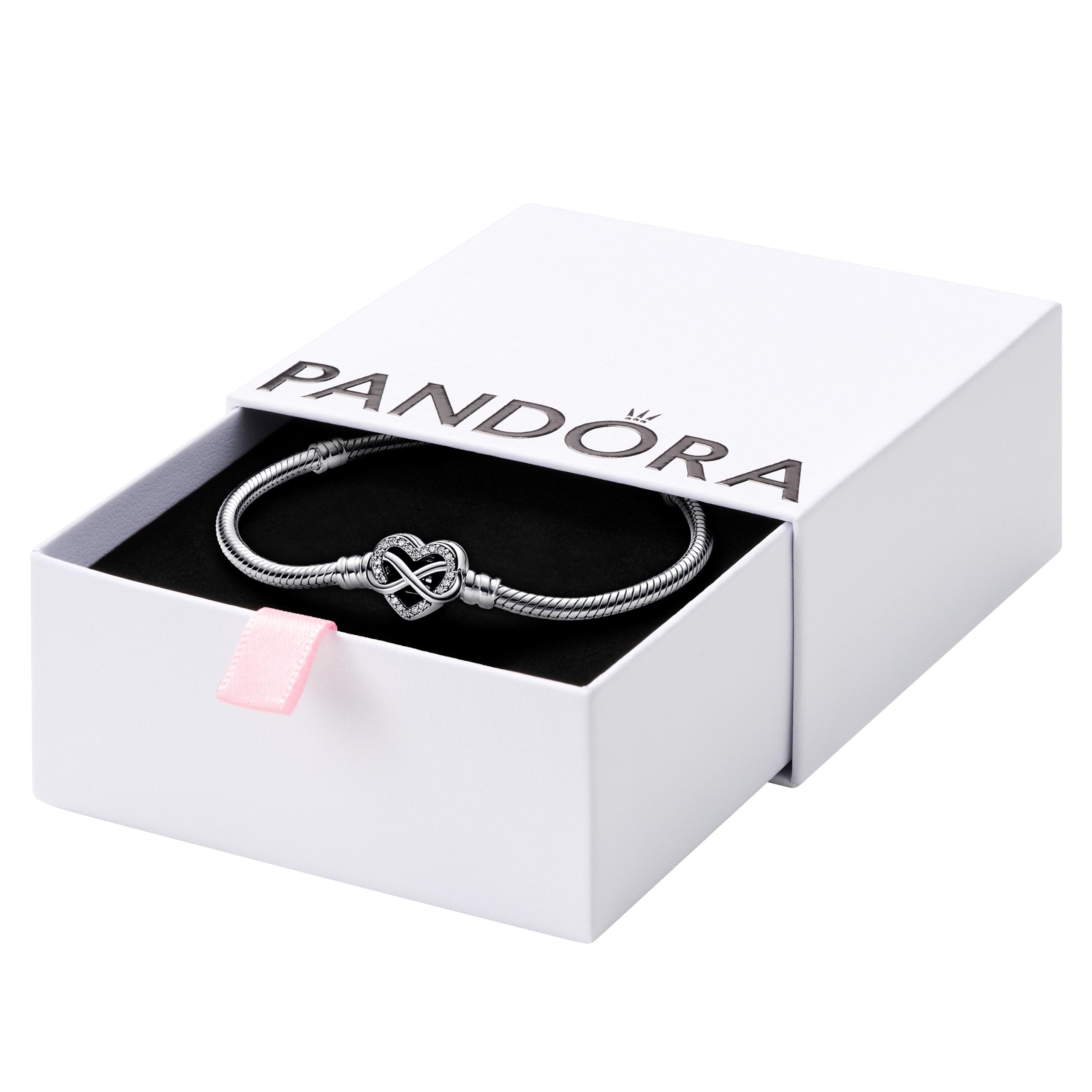 PANDORA Moments Sparkling Infinity Heart Clasp Snake Chain Bracelet - Sterling Silver with Cubic Zirconia - Compatible with PANDORA Charms - Elegant Gift for Women - Perfect for Anniversaries, Valentine's Day & Special Occasions - Includes Gift Box