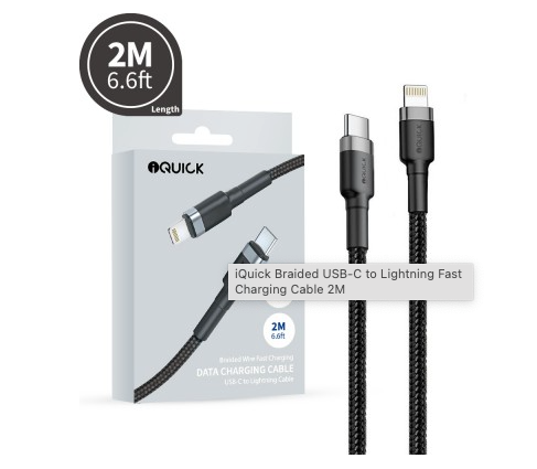 iQuick Braided Lightning to USB C Fast Charging Cable 2M - Durable Fast Charger for iPhone & iPad - Perfect for Home, Office & Travel Use