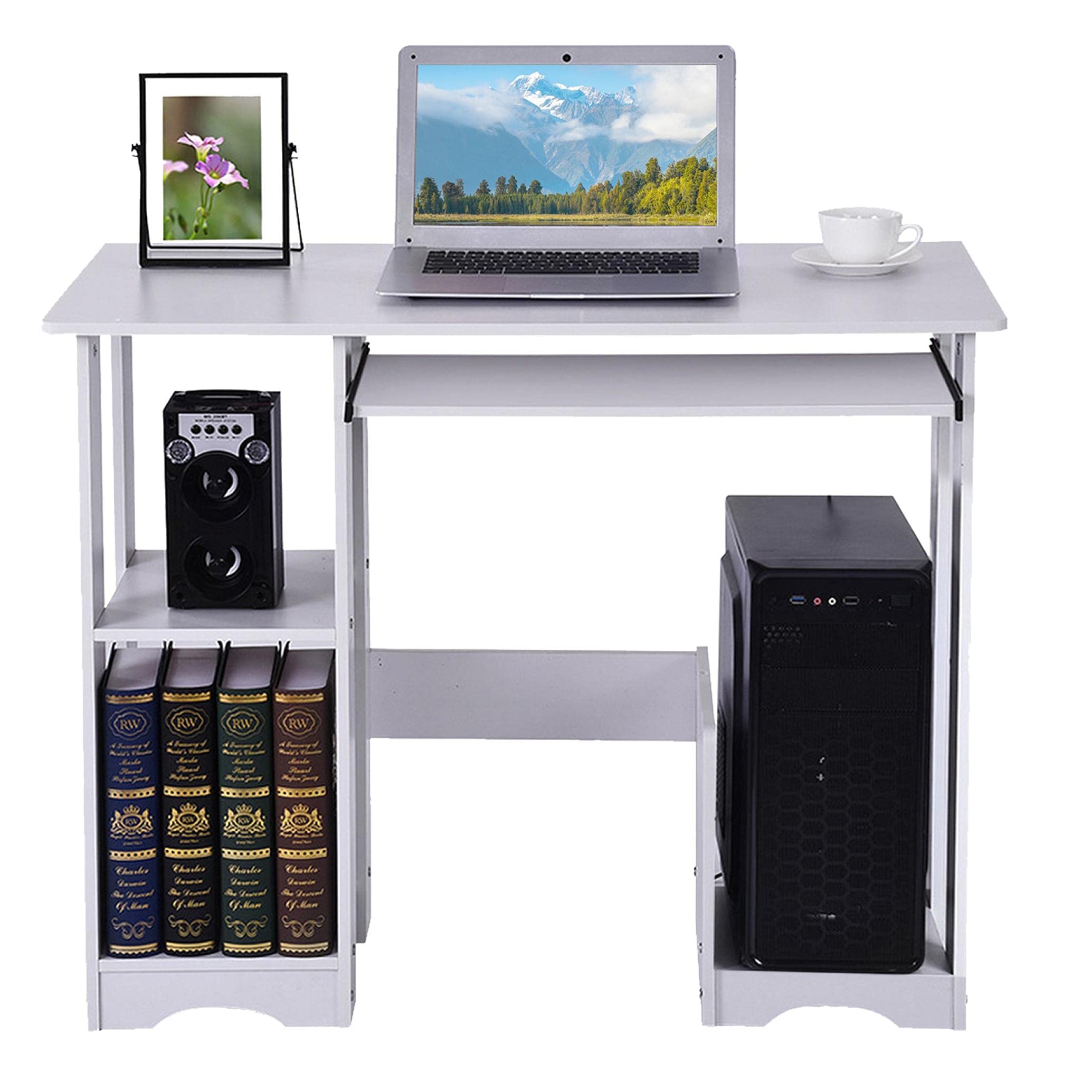 Compact White Home Office Desk with Storage & Keyboard Tray - Perfect for Small Spaces & Gaming Setup