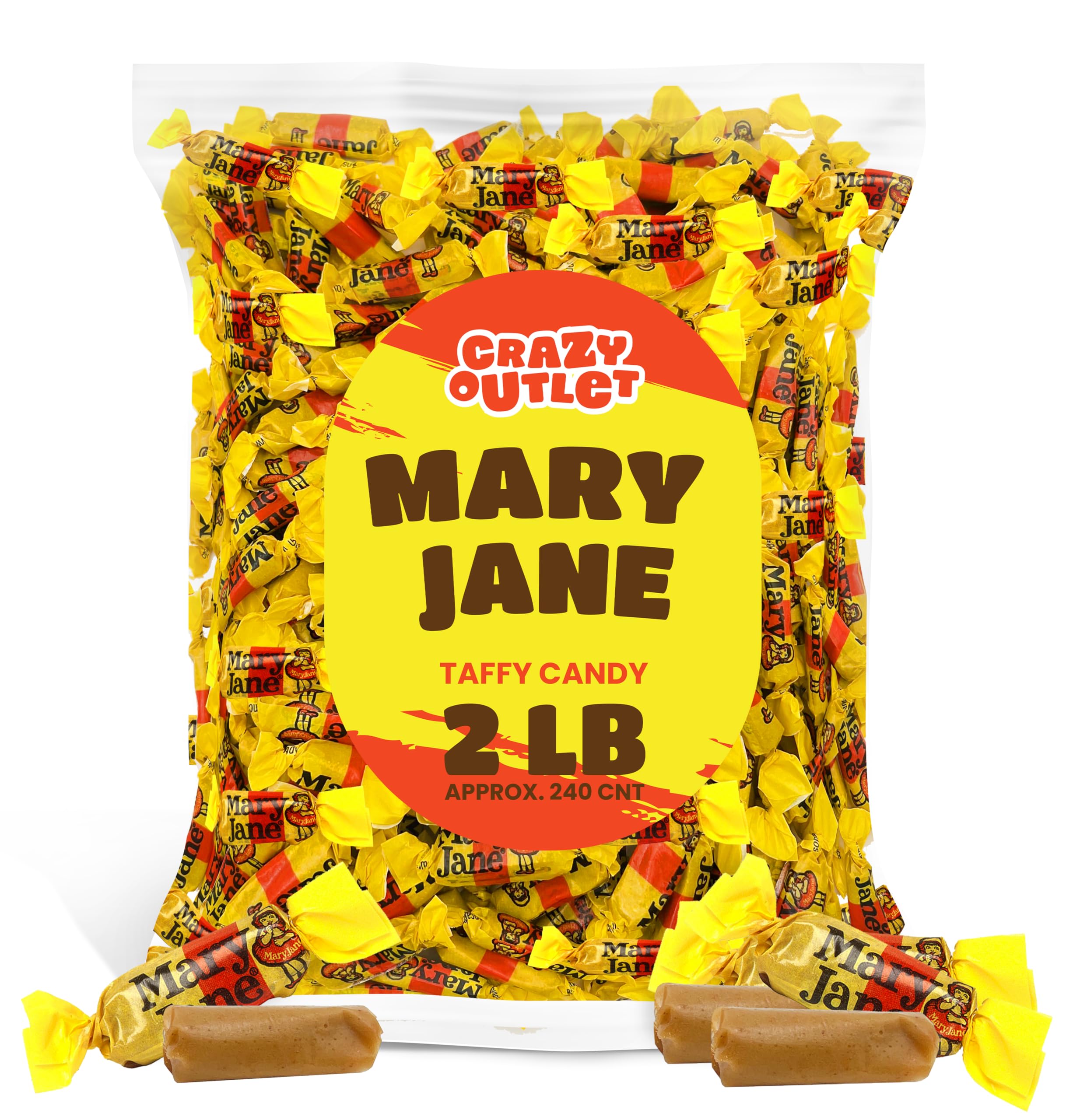 Mary Jane Taffy Candy - 2 Pound Bulk Pack (Approx 240 Pieces) - Old Fashioned Peanut Butter Chewy Candy - Perfect for Halloween Treats, Party Favors & Nostalgic Gift Giving