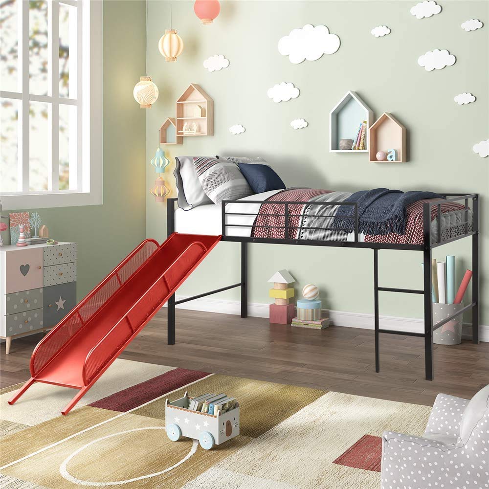 **Metal Twin Low Loft Bed with Slide & Guardrails for Kids - Safe Toddler Bed for Boys & Girls, No Box Spring Needed, Space-Saving Multifunctional Design (Red) - Perfect for Small Bedrooms, Playrooms & Dorm Decor**