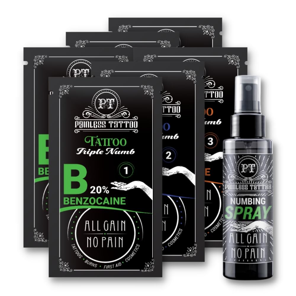 Painless Tattoo BLT Triple Numb Variety Pack with Spray Combo - Benzo-Lido-Tetra-Caine Anesthetic for Tattoos, Burns, First Aid & Cosmetic Procedures - Includes 2 BLT TriPackets & 1 Numbing Spray - Perfect for Tattoo Artists, Piercing Professionals & Home First Aid Kits