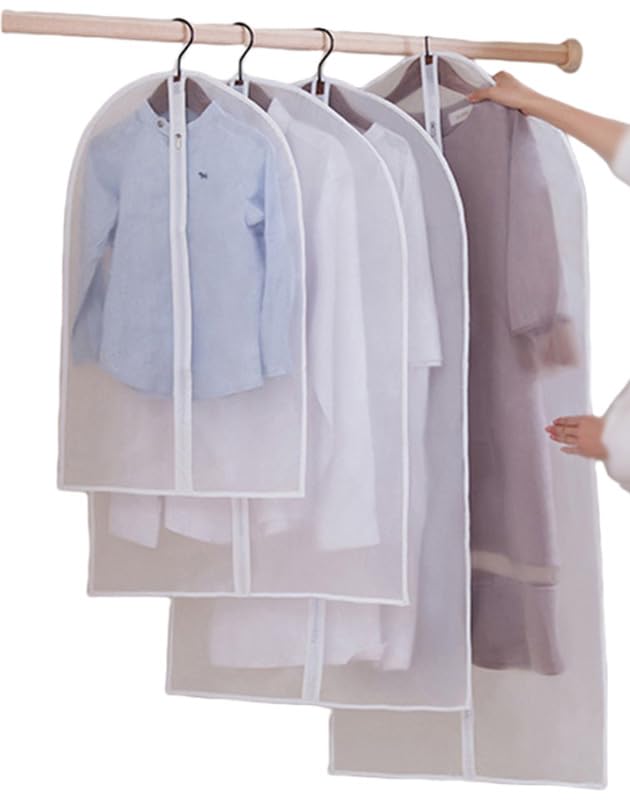 Clear Hanging Garment Bags with Heavy-Duty Zipper - 4 Pack White Plastic Clothing Dust Covers for Suits, Dresses & Closet Storage - Perfect for Travel, Moving & Seasonal Wardrobe Protection