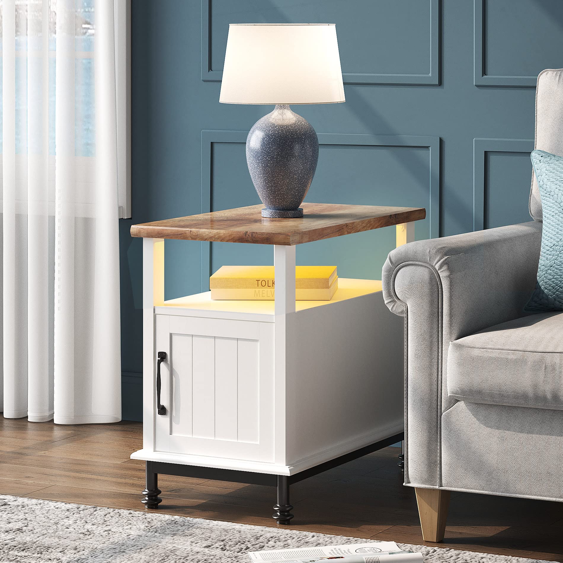 2-Pack Farmhouse End Tables with LED Lights - Premium Wood Accent Side Tables with Open Storage, Cabinet & Back Shelf - 24