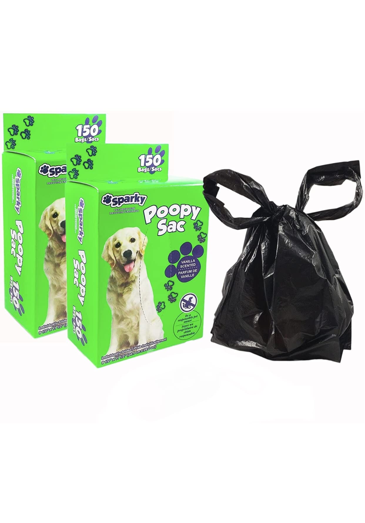 Sparky Dog Poop Bags - Extra Large Biodegradable Waste Bags with Handles, Vanilla Scented, Textured Surface for Easy Pickup (300 Count) - Perfect for Dog Walks, Park Visits & Backyard Cleanup