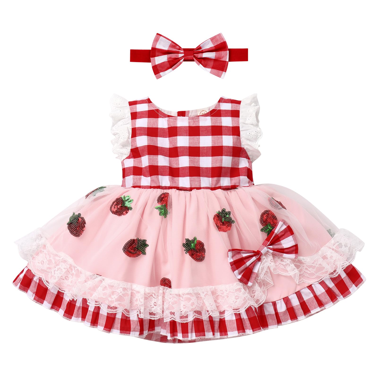 IDOPIP Baby Girls Gingham Tutu Dress with Sequin Strawberry Cow Print - 2PCS Outfit Set with Headband for Birthday Party, Photo Shoot & Special Occasions