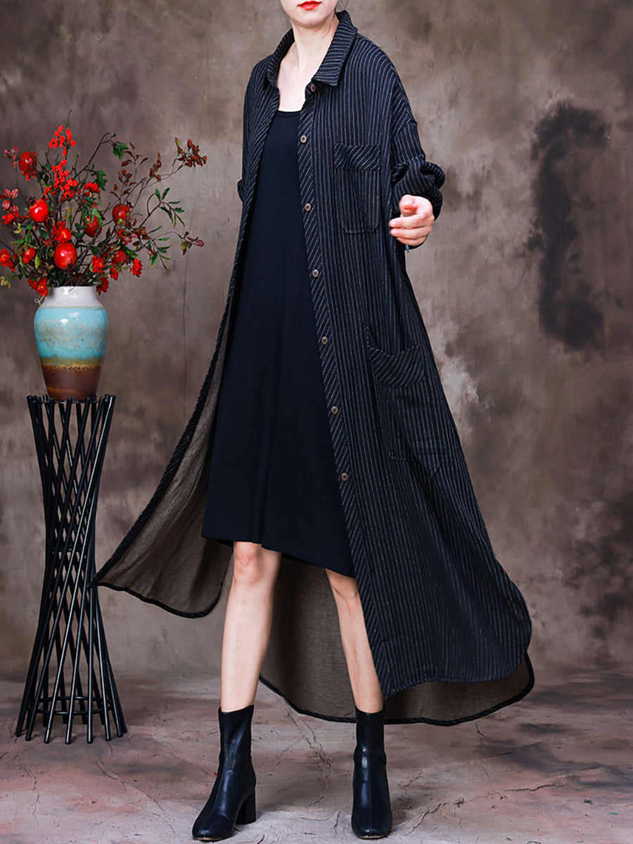 Plus Size Women's Cotton Striped Asymmetrical Long Jacket - Fashionable Oversized Duster Coat for Casual Wear, Office & Special Occasions