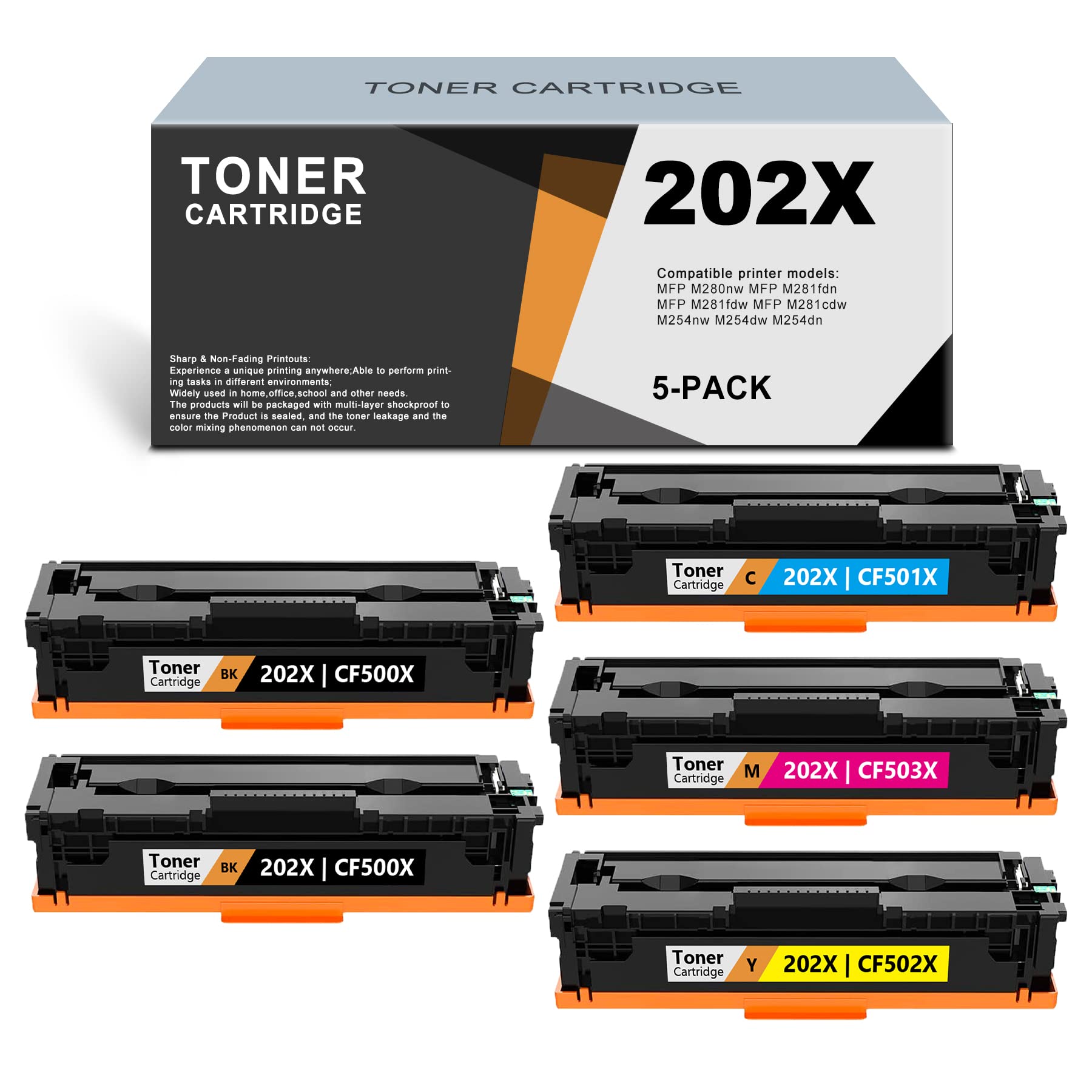 HP MFP M280nw M281fdn M281fdw M281cdw M254nw M254dw M254dn Compatible CF500X CF501X CF502X CF503X Toner Cartridge Replacement (5-Pack, 2BK/C/M/Y) - High Yield Printing for Office & Home Use - Sold by ARSEINK