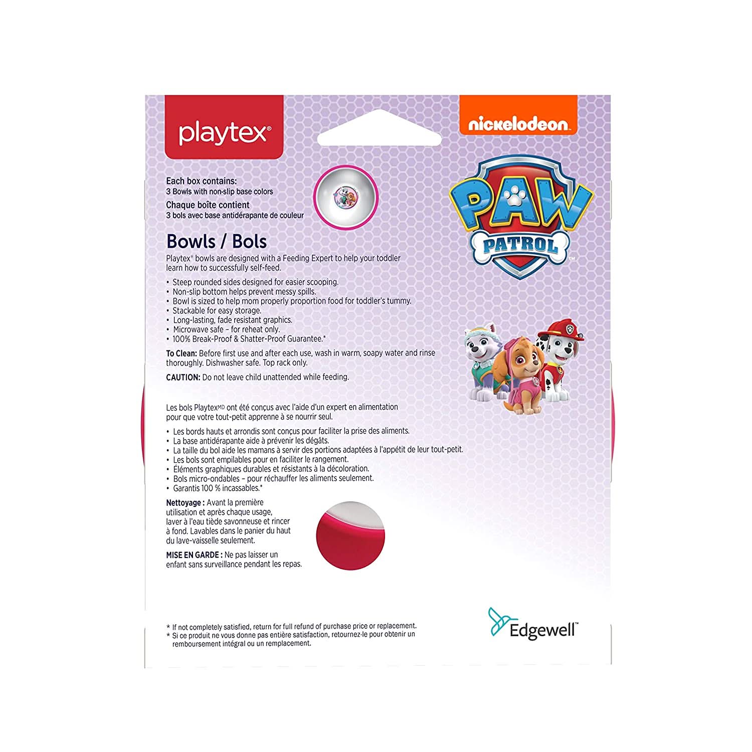 Playtex® Paw Patrol™ Never Fade, Never Peel 3-Pack Bowls for Kids - Durable & Colorful Feeding Bowls - Perfect for Toddlers, Snacks, Cereal & Mealtime (Pink)