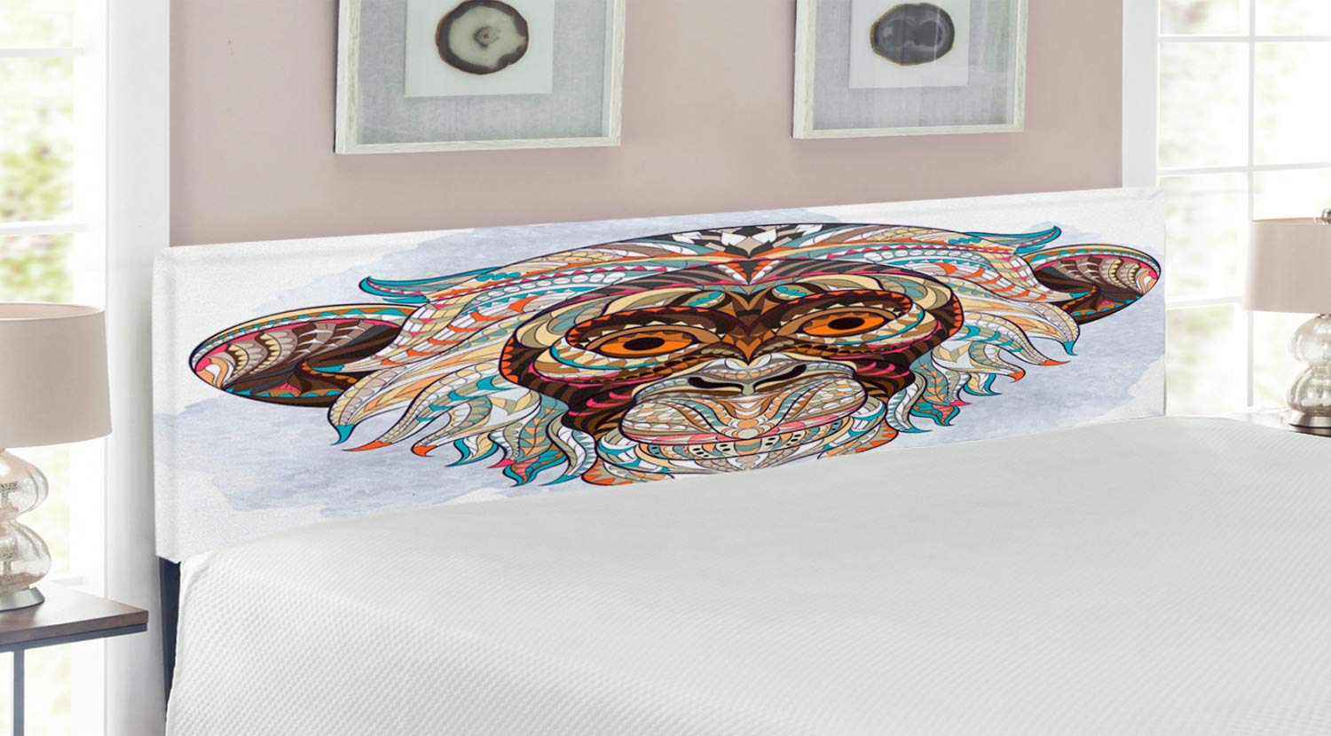 Ambesonne Grunge Upholstered King Size Headboard - Monkey Totem Pattern on Teal & Brown Background with Memory Foam | Decorative Metal Bed Frame for Modern Bedroom & Guest Room Decor