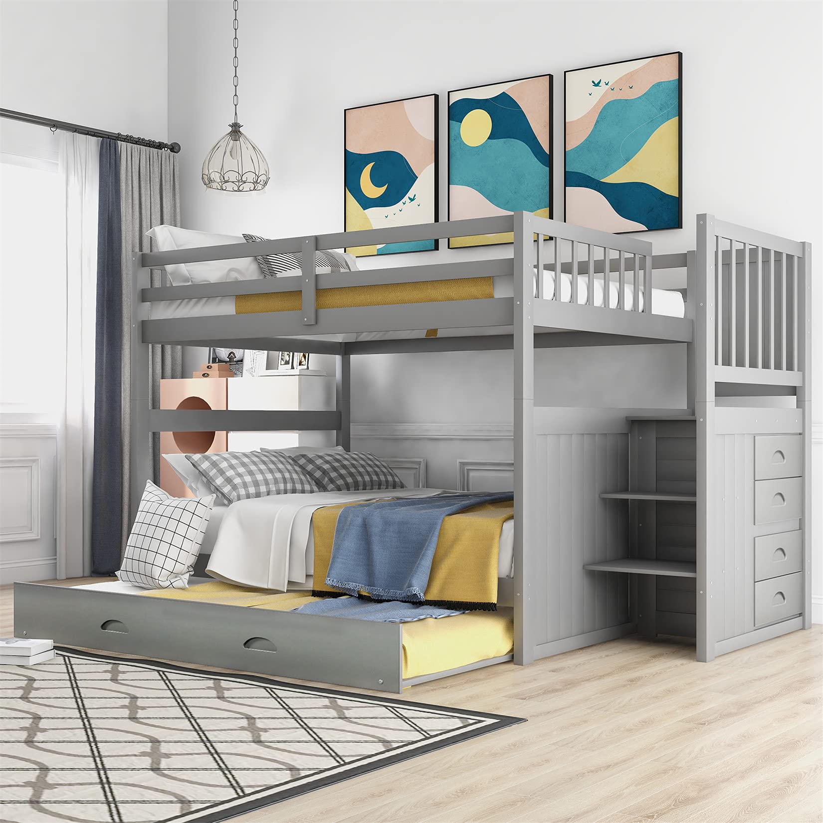 Full Over Full Bunk Bed with Trundle & Storage - Detachable Wood Frame for Kids Teens Adults - Perfect for Small Bedrooms & Guest Rooms