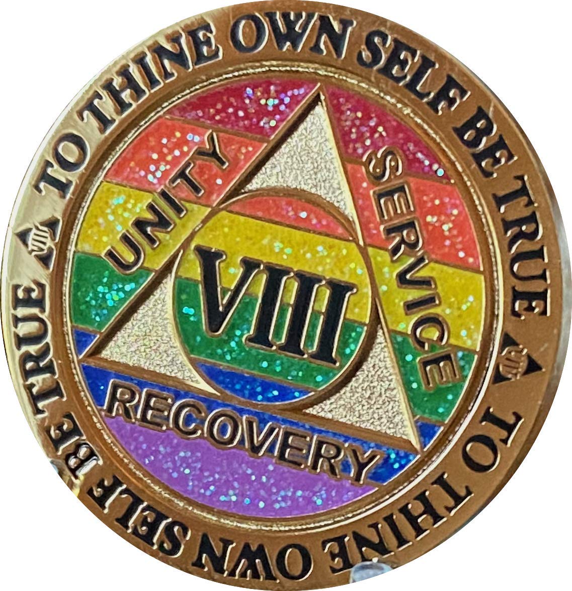 8 Year AA Medallion Reflex Rainbow Glitter & Gold Plated Sobriety Chip VIII - Perfect for Recovery Milestones, Sobriety Gifts & 12-Step Program Celebrations