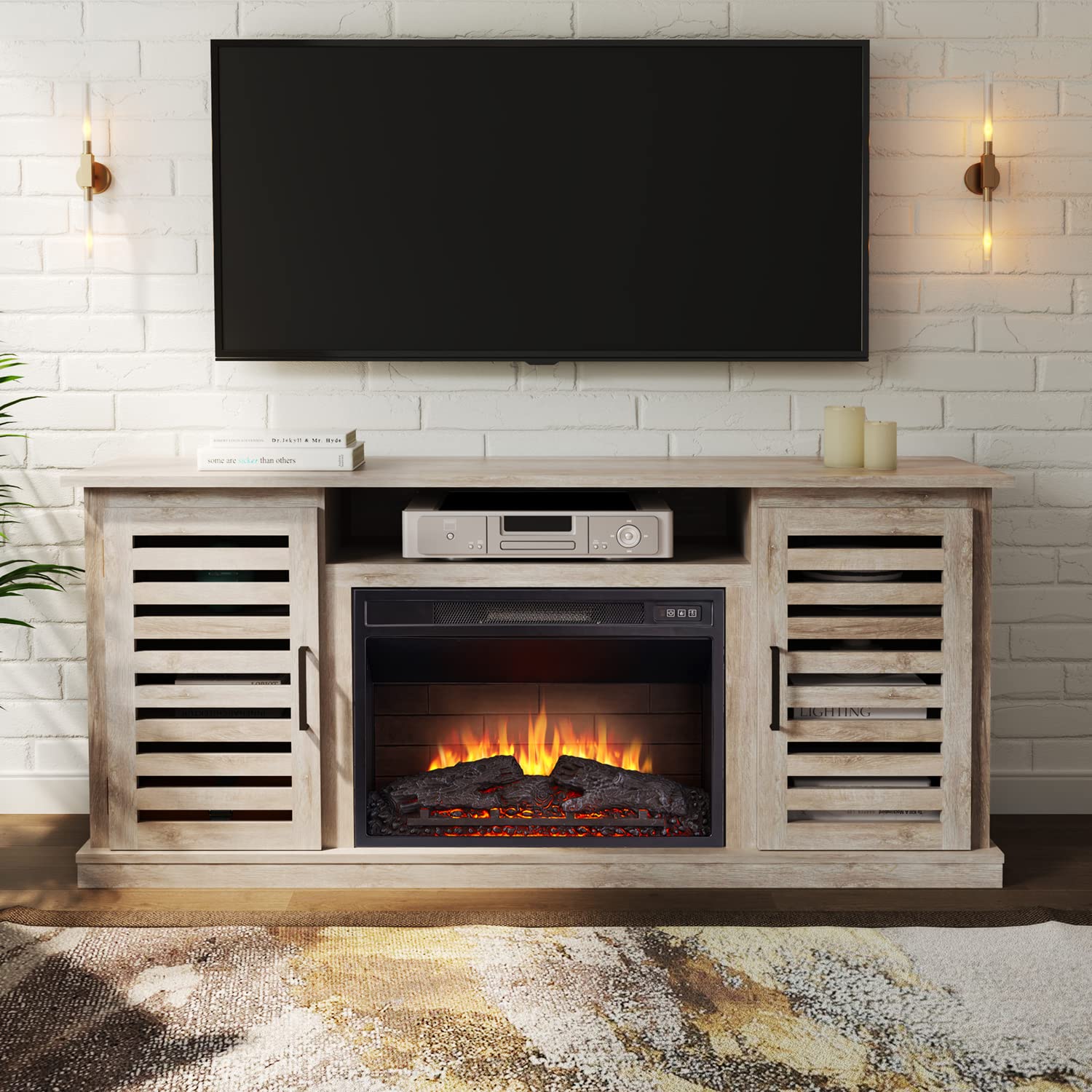 Cheerway 65 Inch 3D Electric Fireplace TV Stand - Wooden Media Entertainment Center with 6 Storage Shelves, Barn Doors & Remote Control - Adjustable Flame for Living Room, Bedroom & Home Theater Decor